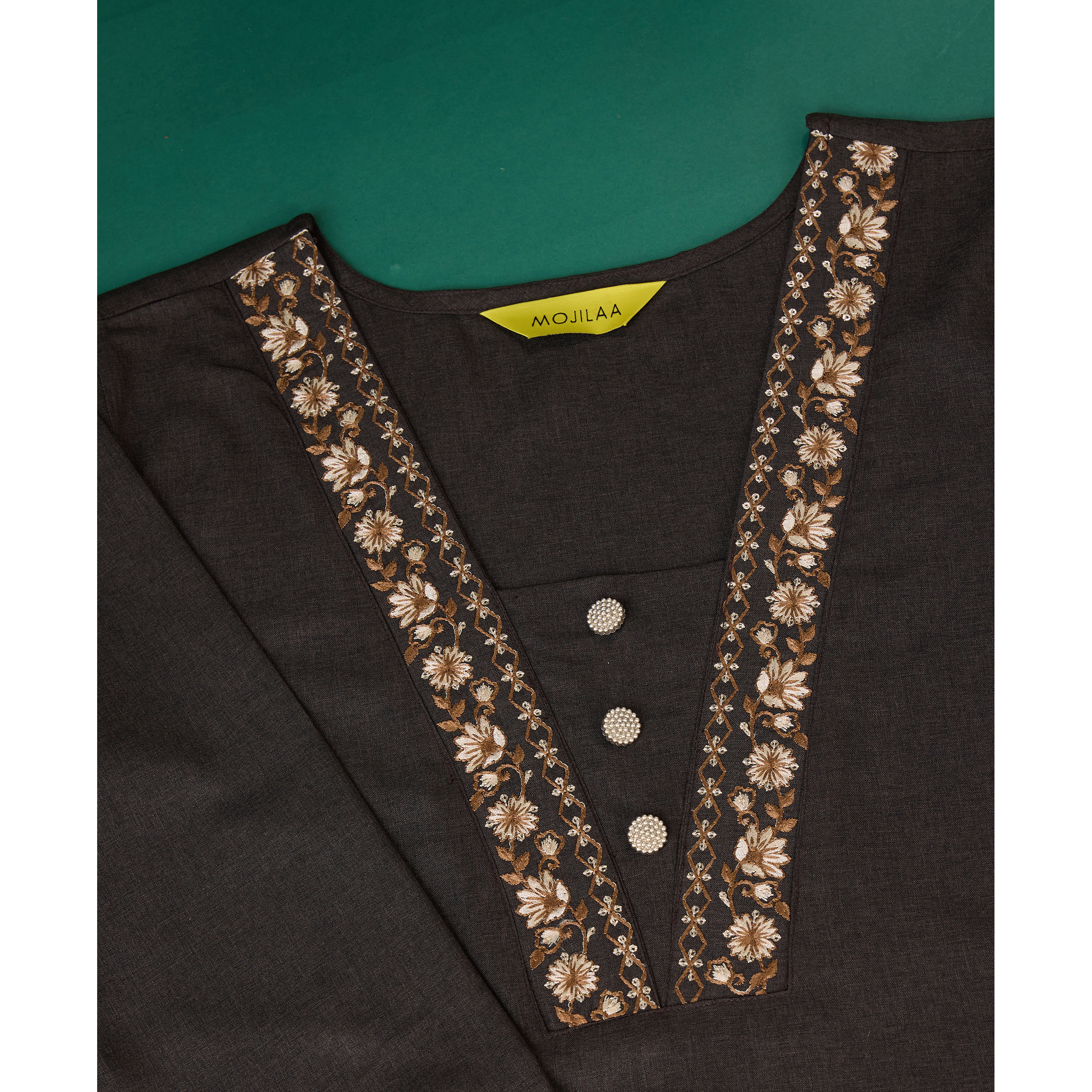 MOJILAA Women's Charcoal Brown Linen Blend Floral Embroidered Causal Co-ord Set
