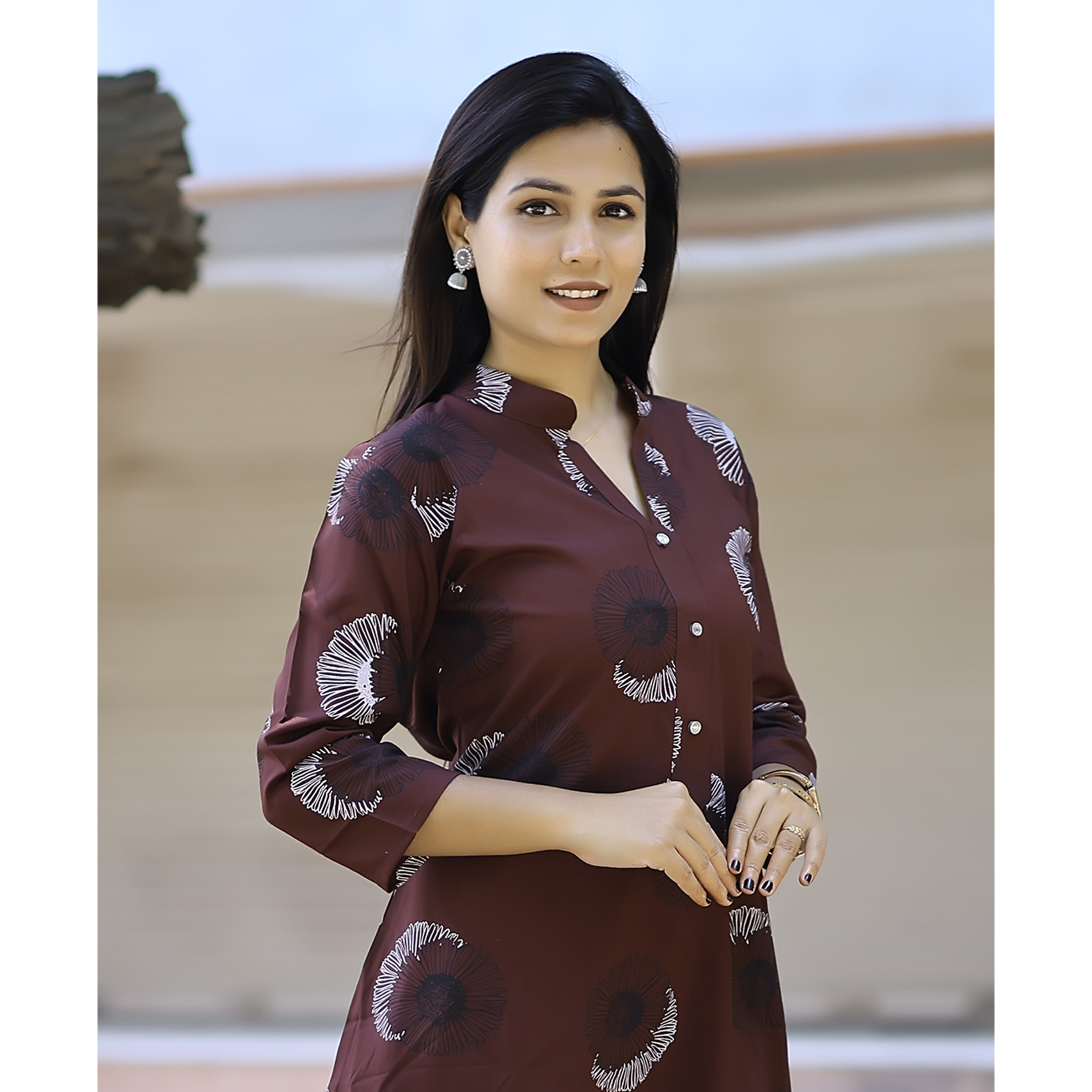 MOJILAA Women's Coffee Brown Rayon Viscose 21 KG Floral & Leaf Printed Causal Co-ord Set
