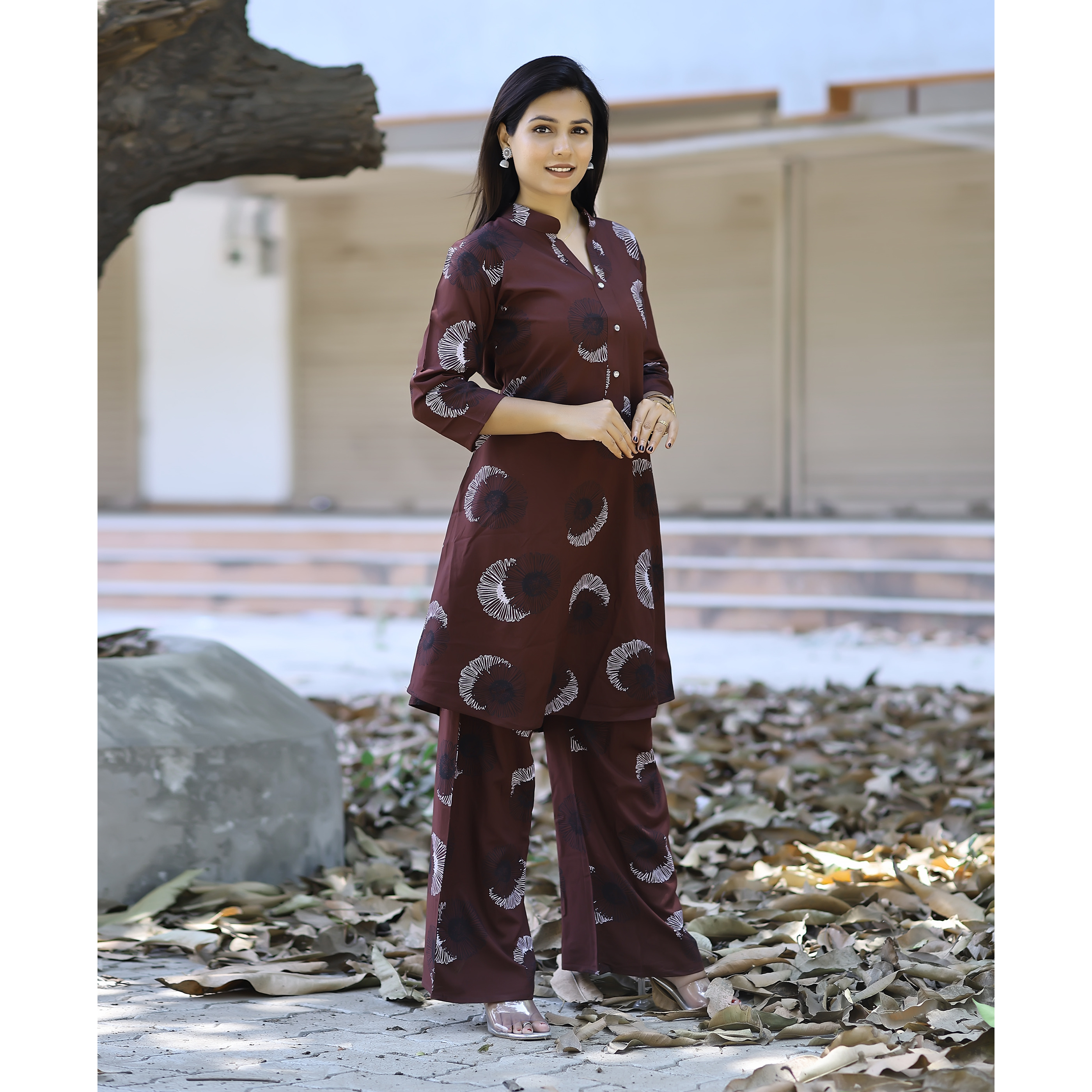 MOJILAA Women's Coffee Brown Rayon Viscose 21 KG Floral & Leaf Printed Causal Co-ord Set
