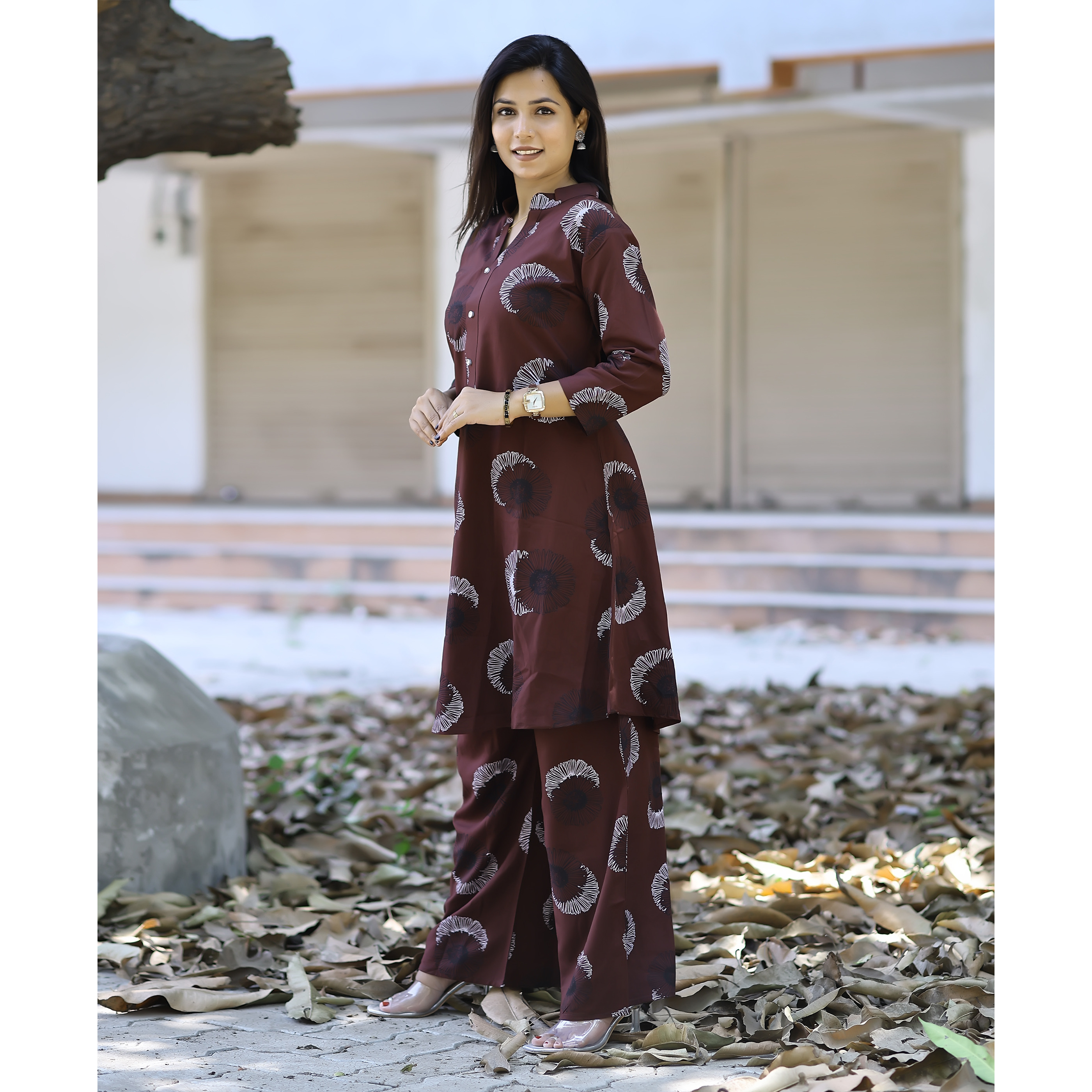 MOJILAA Women's Coffee Brown Rayon Viscose 21 KG Floral & Leaf Printed Causal Co-ord Set