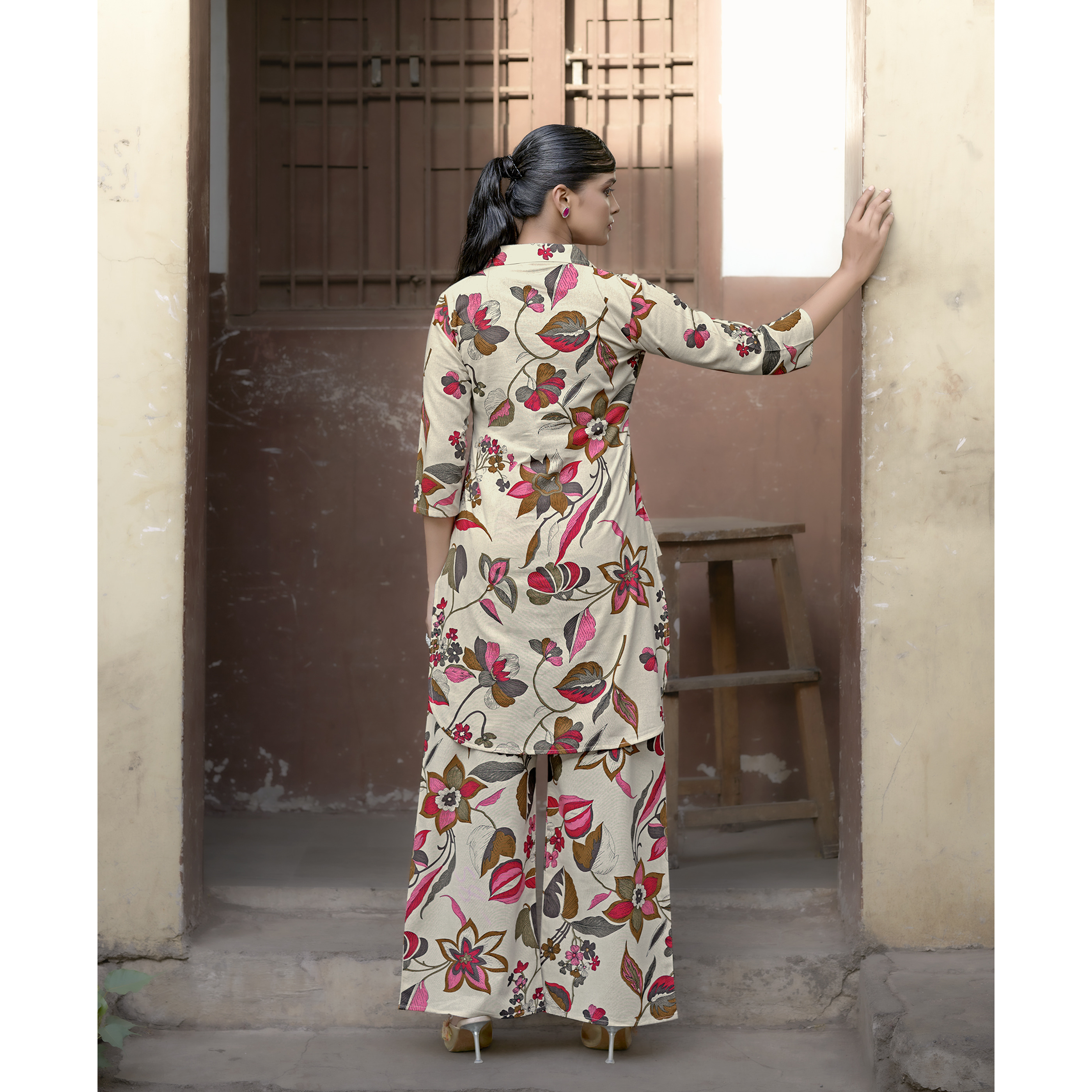 MOJILAA Women's Cream Khadi Cotton Printed Floral Printed Party Co-ord Set