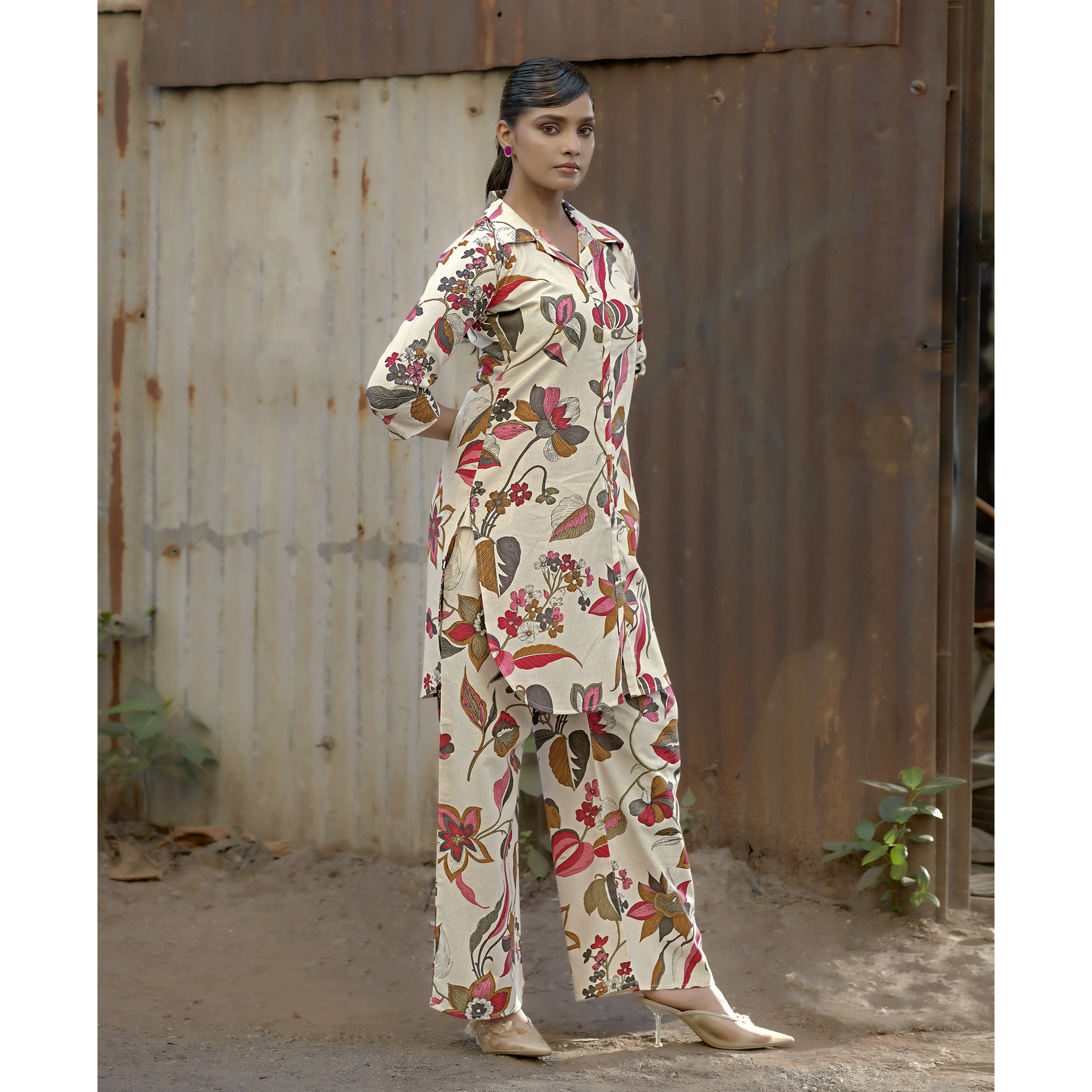 MOJILAA Women's Cream Khadi Cotton Printed Floral Printed Party Co-ord Set