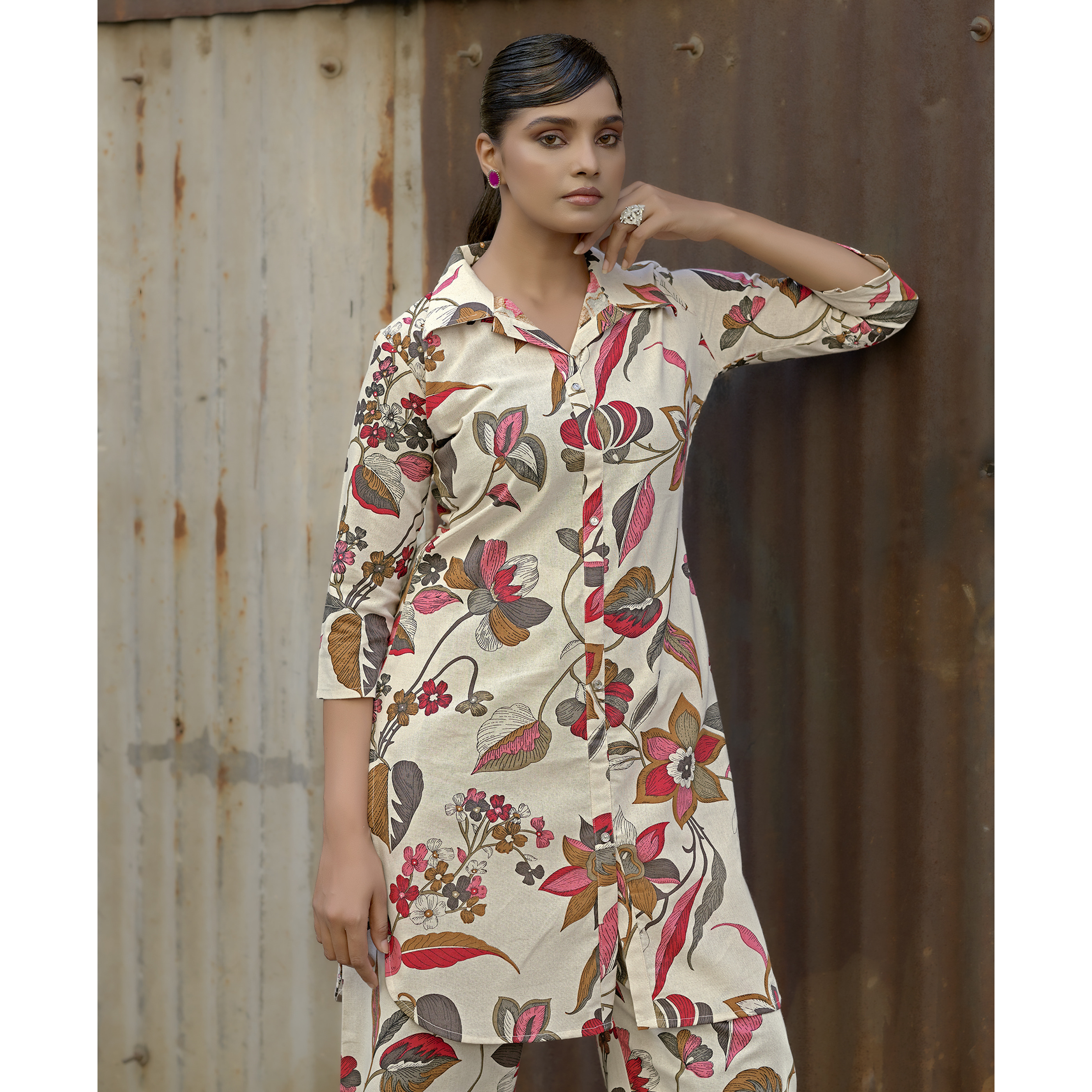 MOJILAA Women's Cream Khadi Cotton Printed Floral Printed Party Co-ord Set