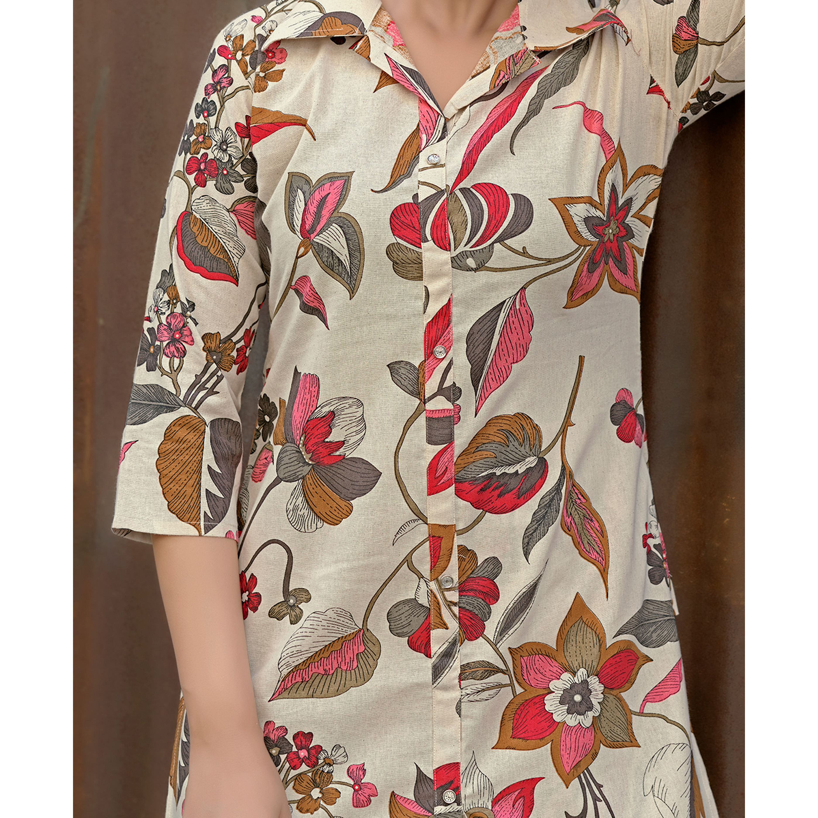 MOJILAA Women's Cream Khadi Cotton Printed Floral Printed Party Co-ord Set