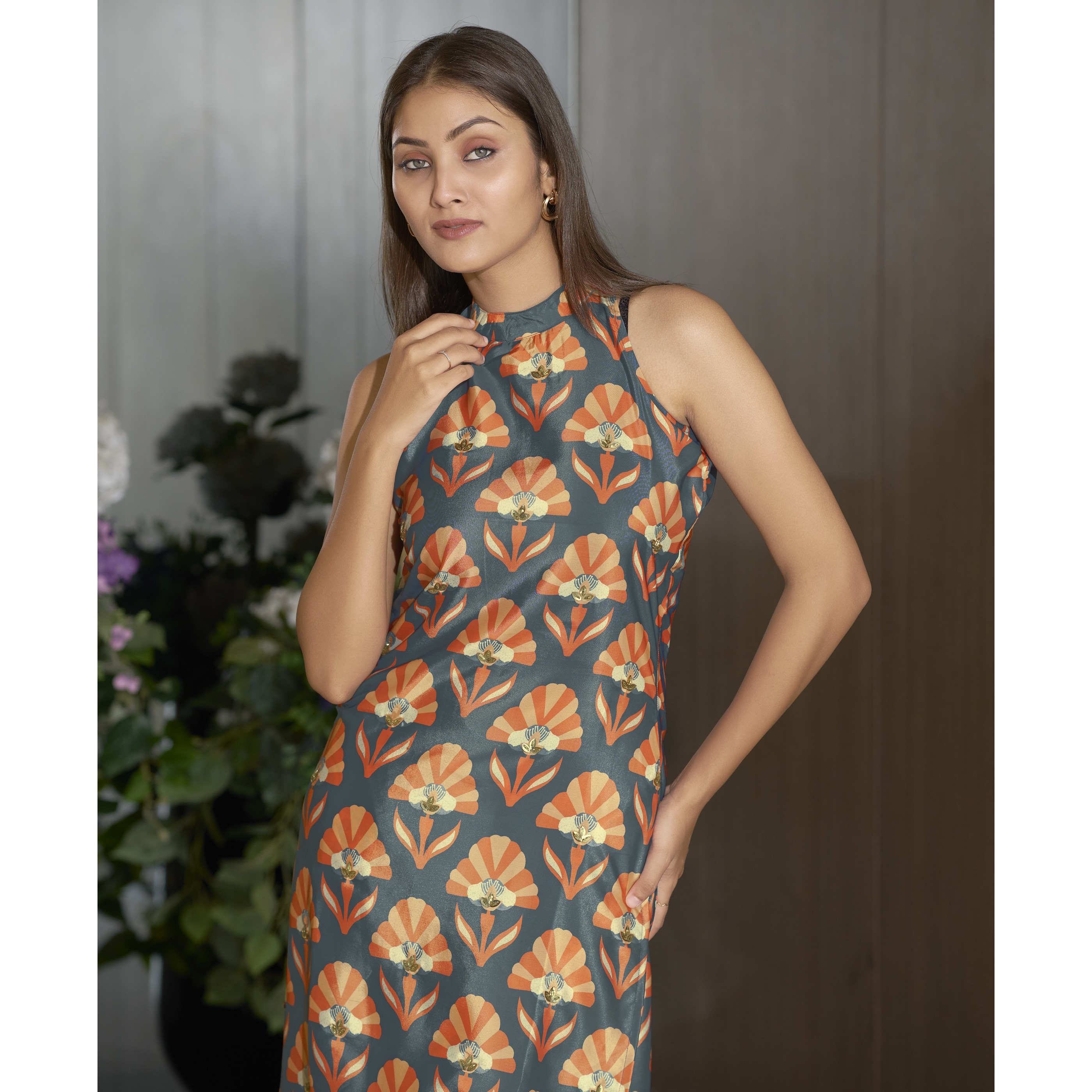 MOJILAA Women's Grey Crepe Geometric Printed Party Co-ord Set