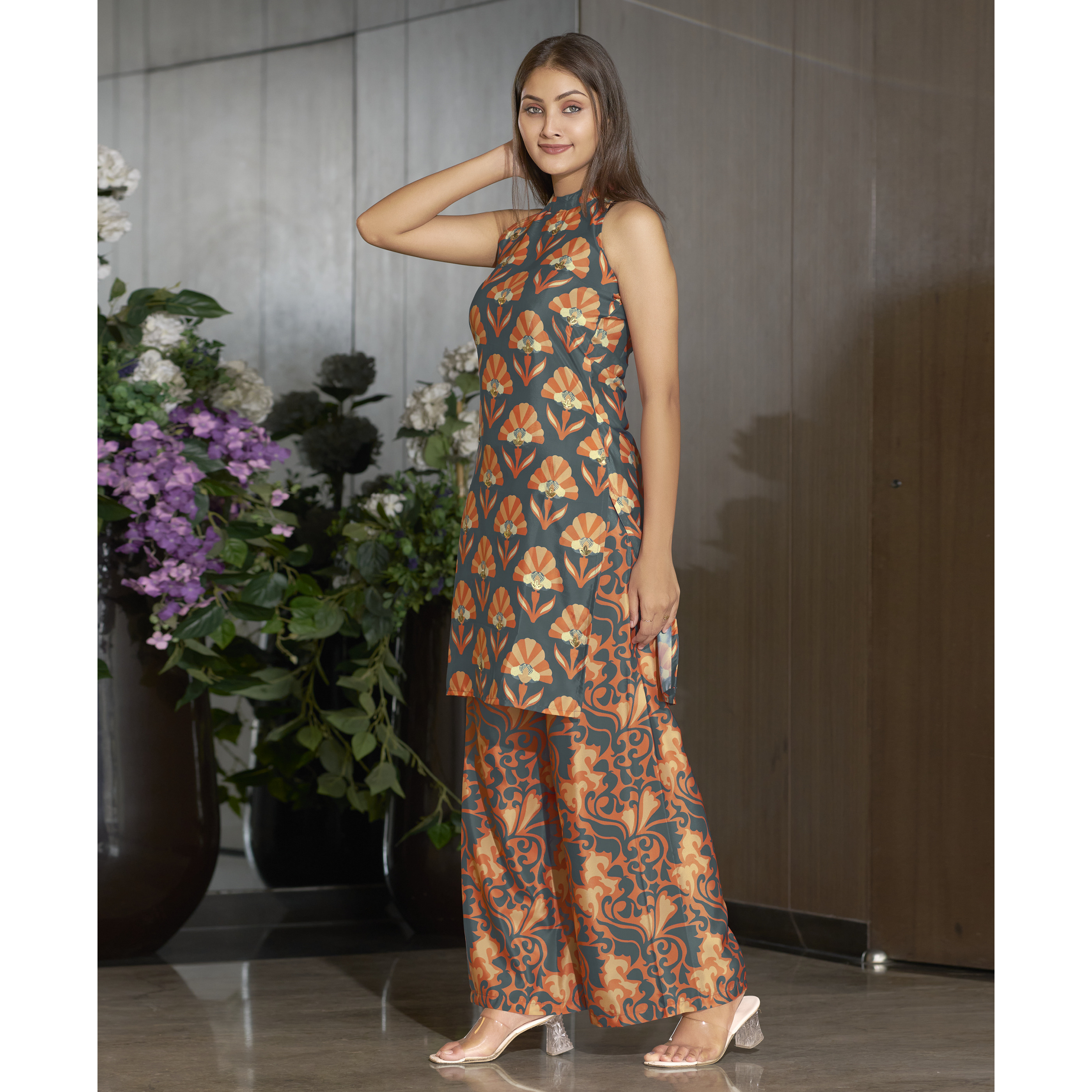 MOJILAA Women's Grey Crepe Geometric Printed Party Co-ord Set