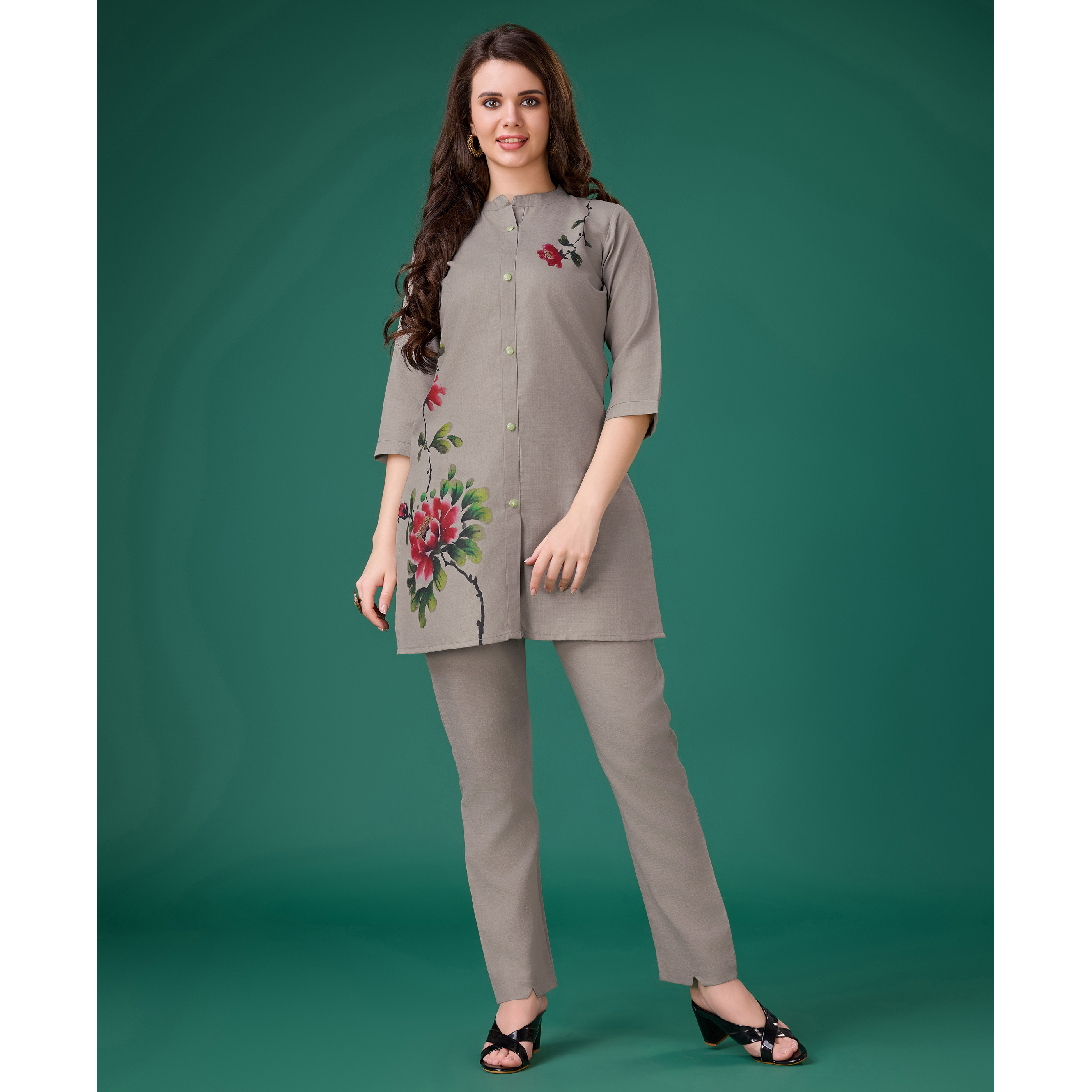 MOJILAA Women's Grey Linen Floral Print Causal Co-ord Set