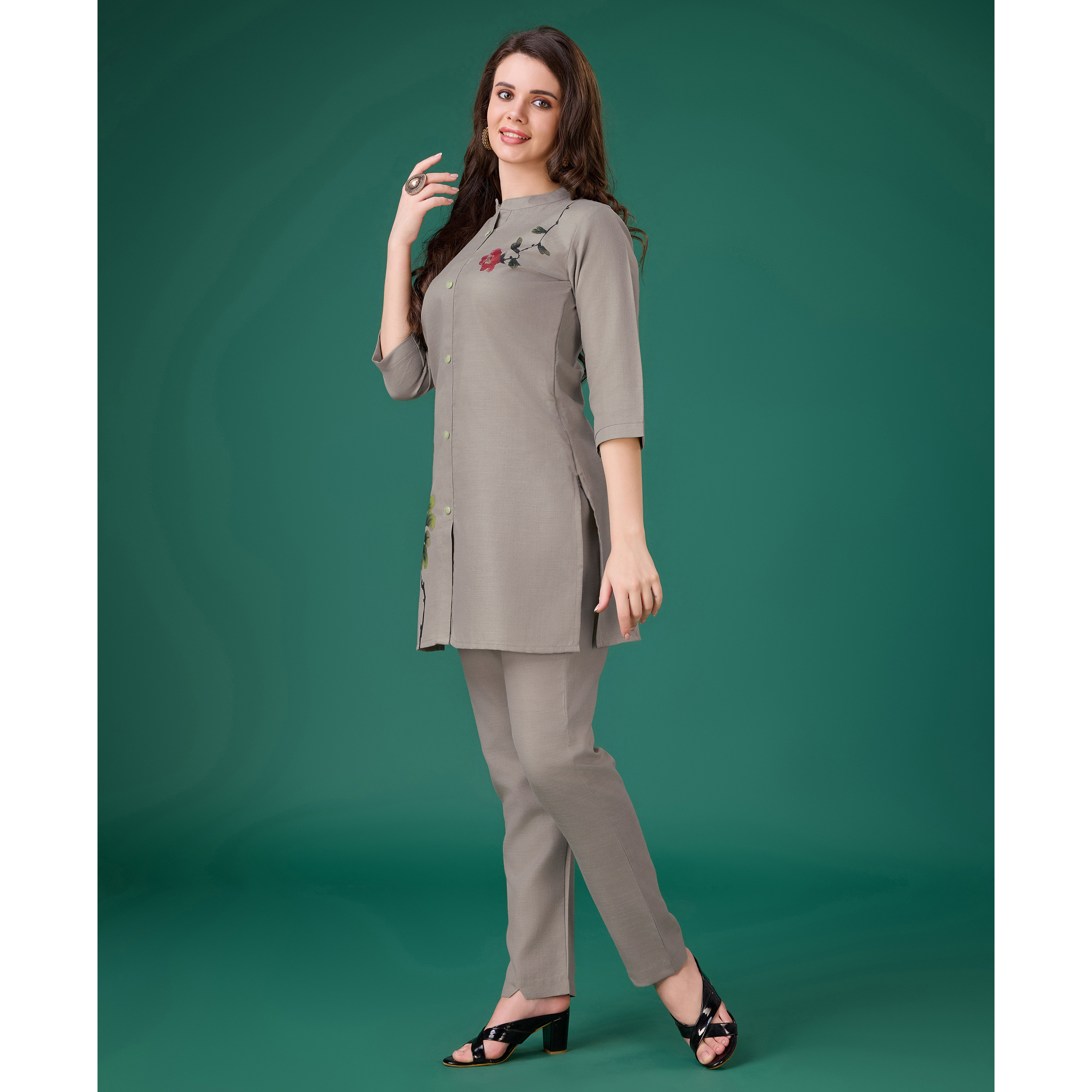 MOJILAA Women's Grey Linen Floral Print Causal Co-ord Set
