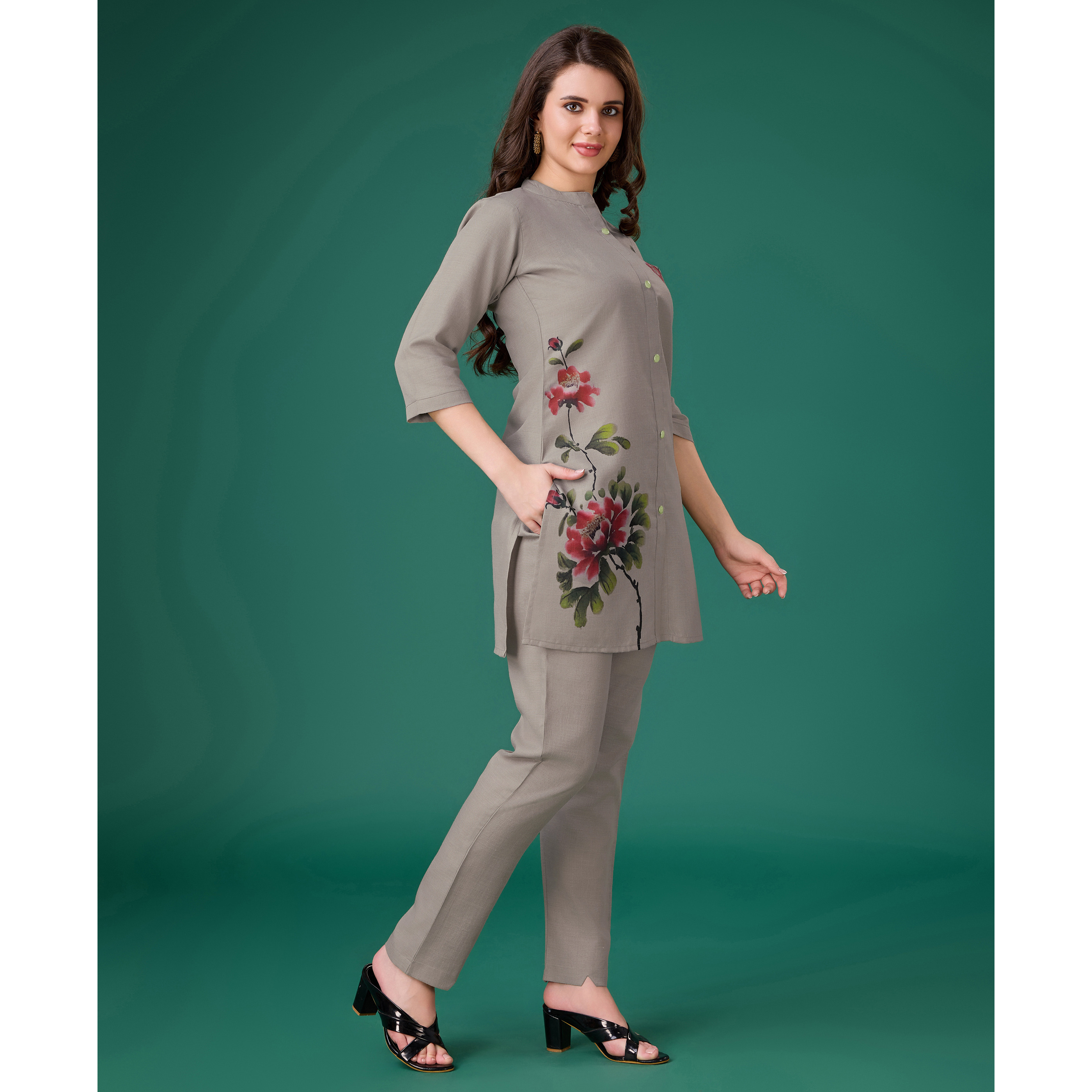 MOJILAA Women's Grey Linen Floral Print Causal Co-ord Set