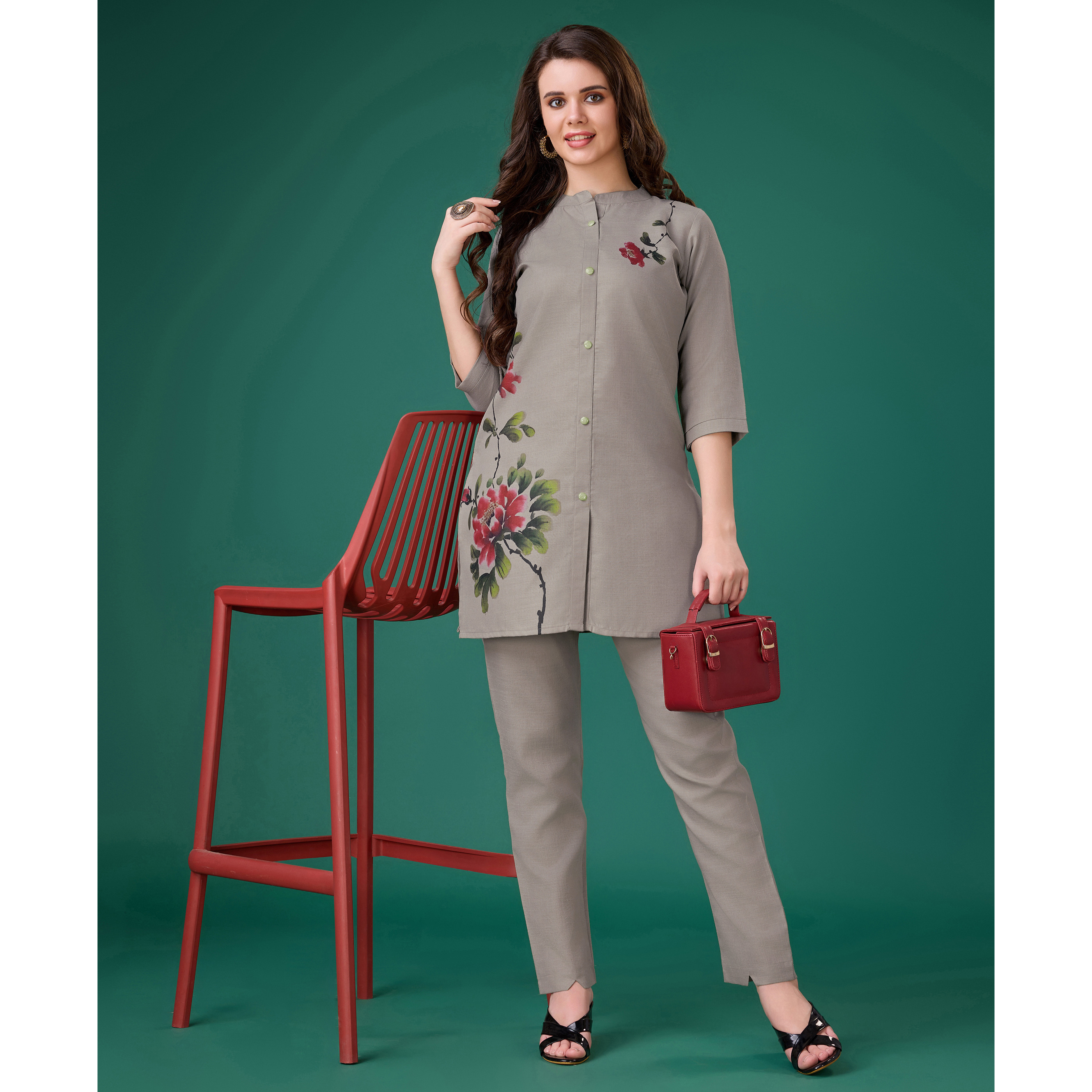 MOJILAA Women's Grey Linen Floral Print Causal Co-ord Set