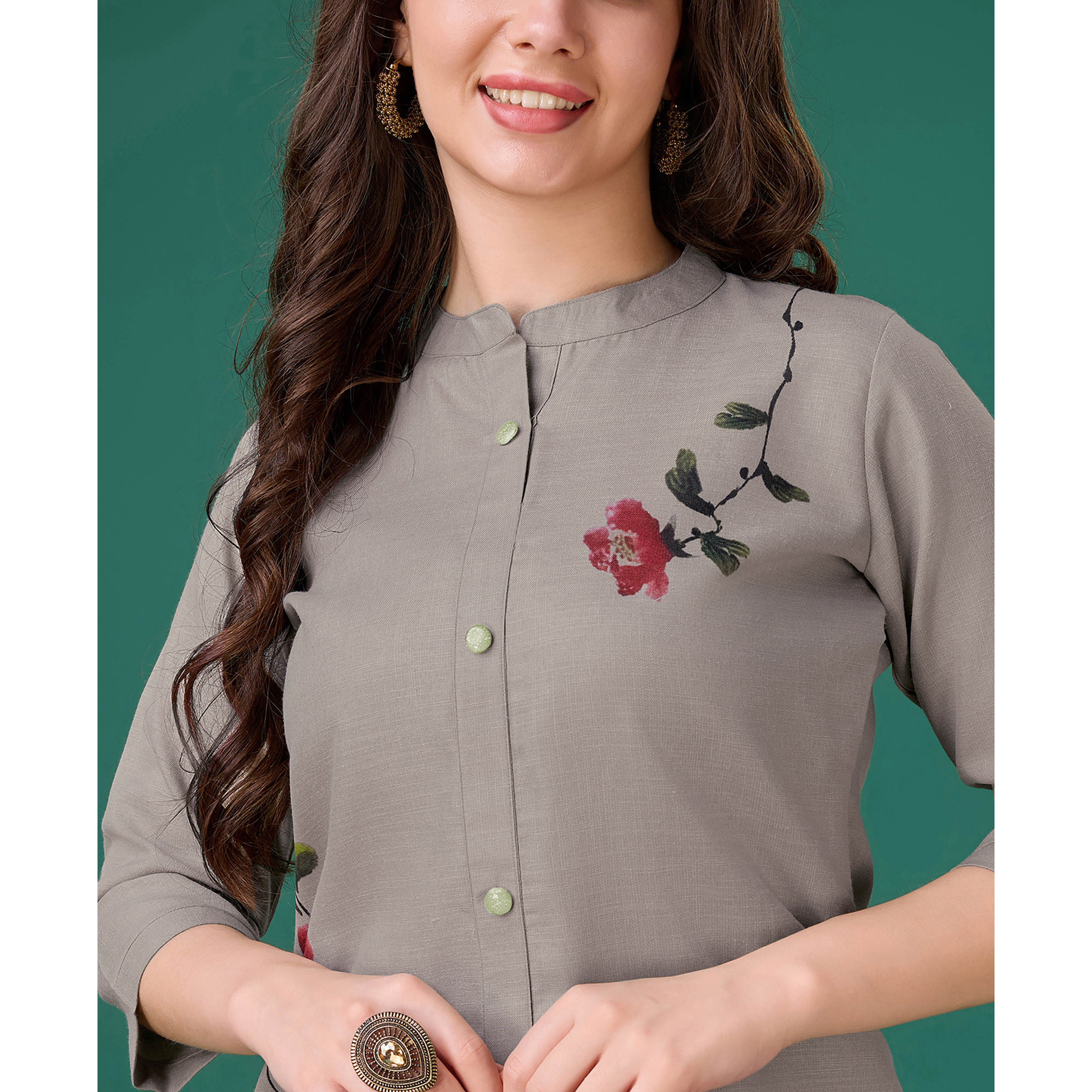MOJILAA Women's Grey Linen Floral Print Causal Co-ord Set