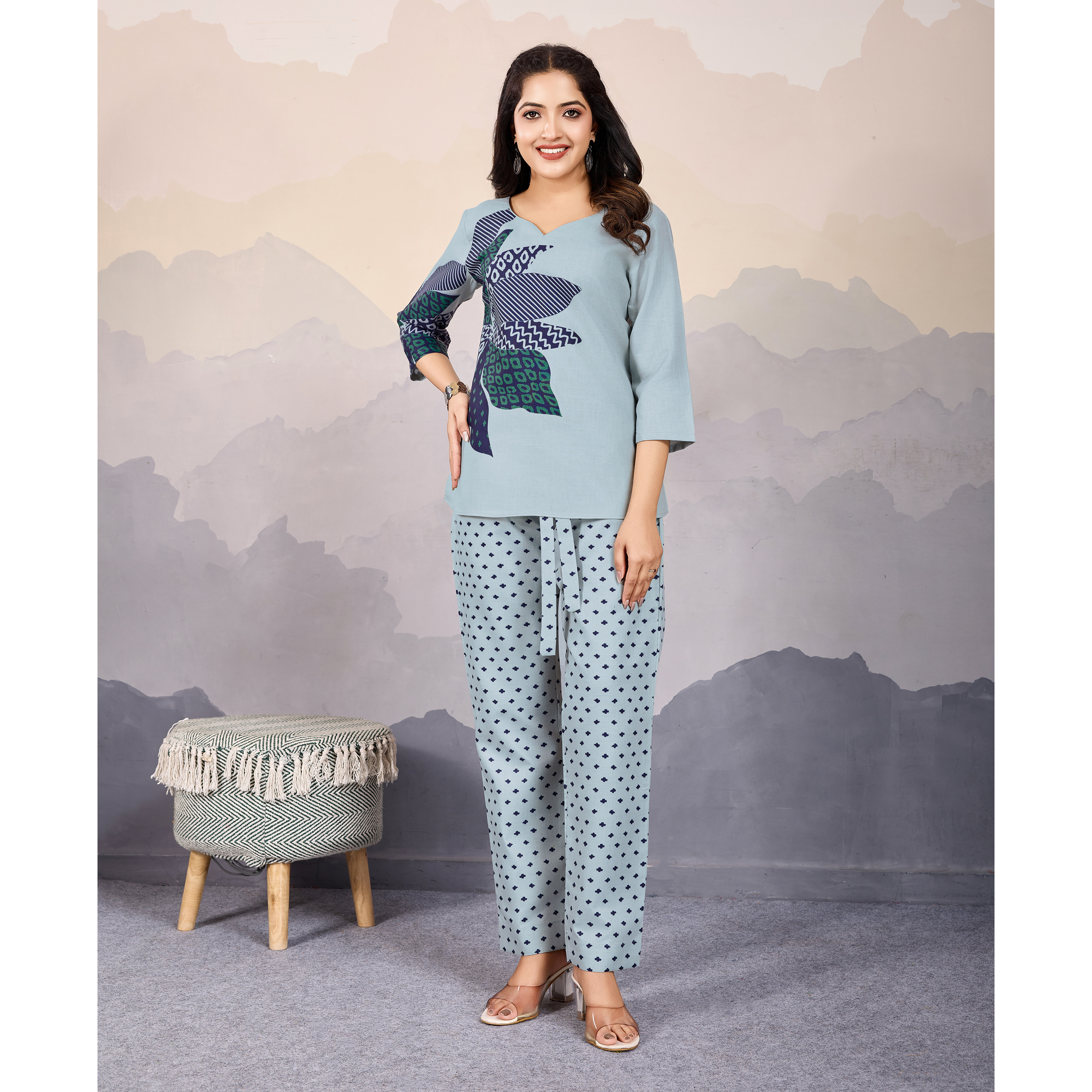 MOJILAA Women's Grey Linen Silk Floral Printed Causal Co-ord Set