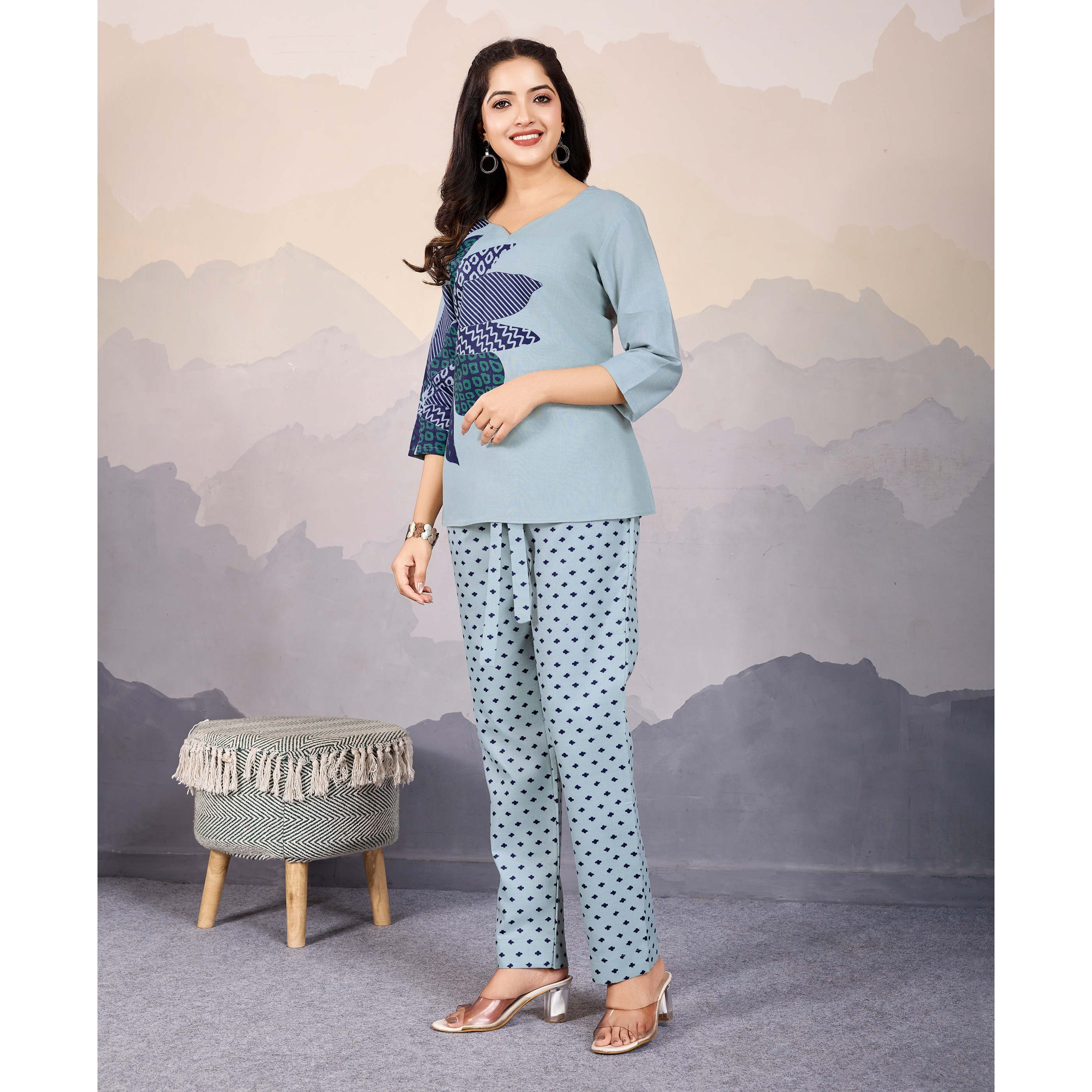 MOJILAA Women's Grey Linen Silk Floral Printed Causal Co-ord Set