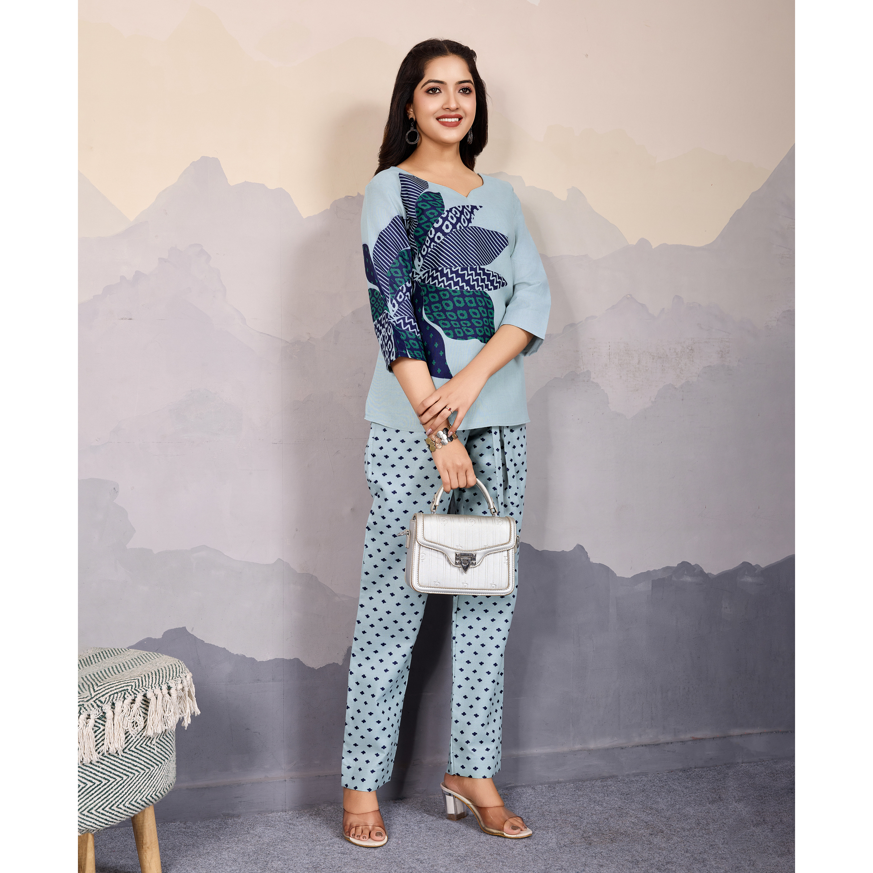 MOJILAA Women's Grey Linen Silk Floral Printed Causal Co-ord Set