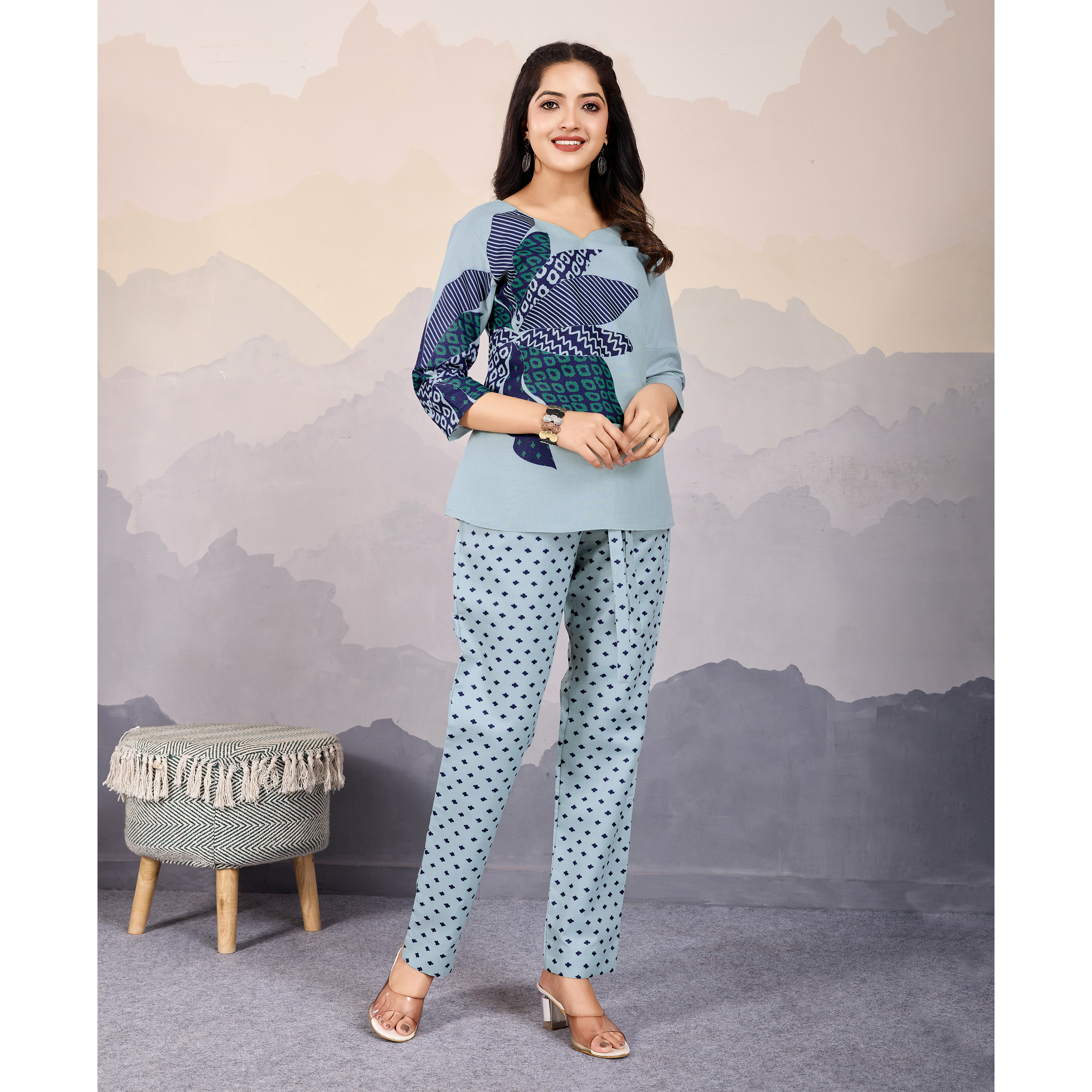 MOJILAA Women's Grey Linen Silk Floral Printed Causal Co-ord Set