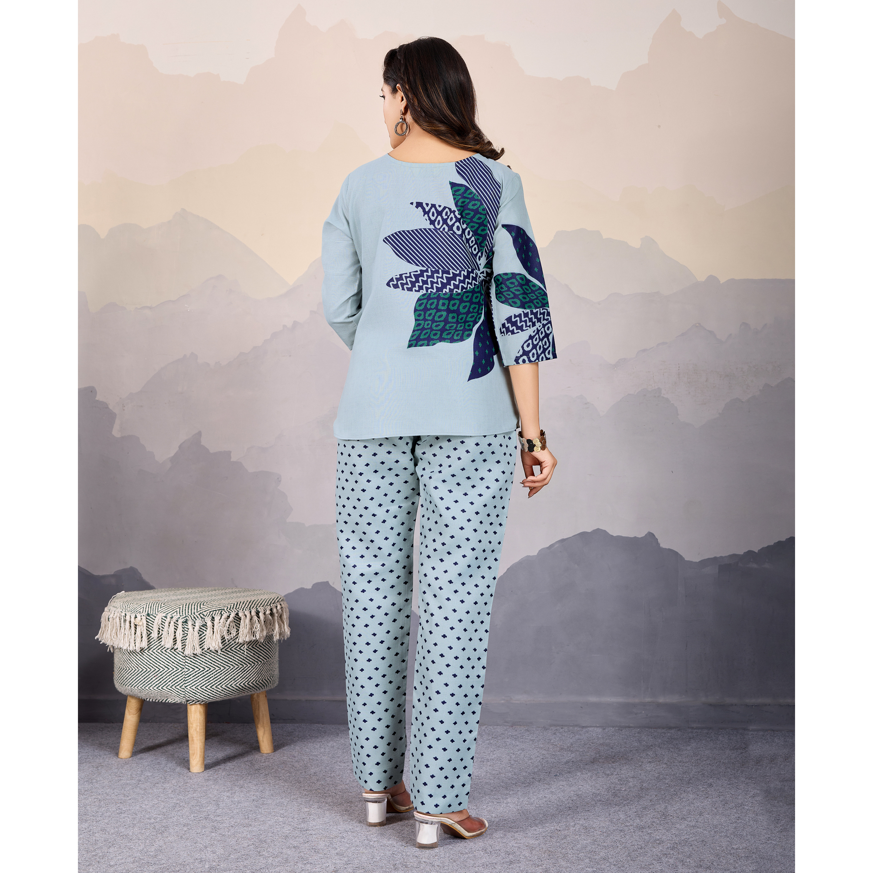 MOJILAA Women's Grey Linen Silk Floral Printed Causal Co-ord Set