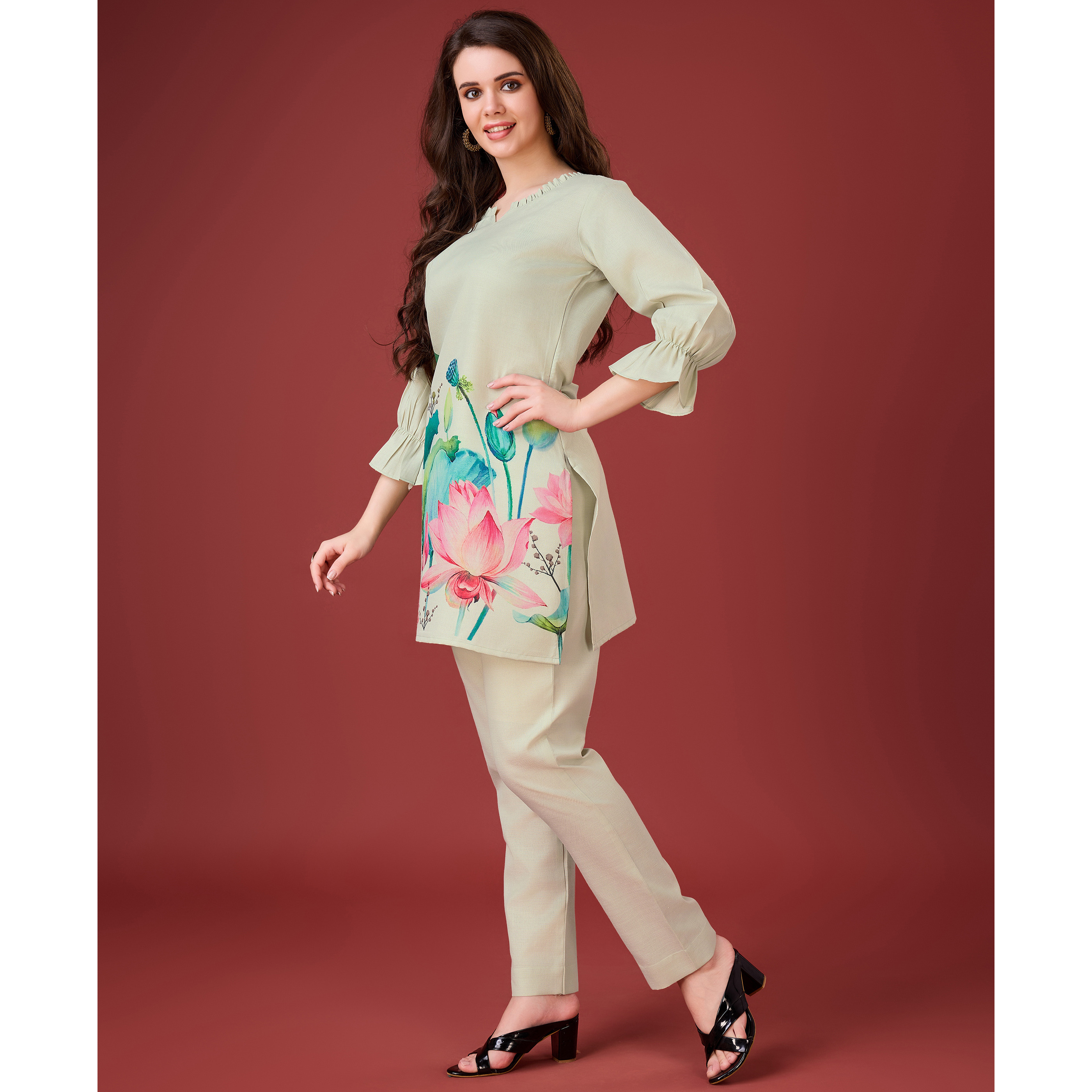 MOJILAA Women's Ivory Linen Floral Print Causal Co-ord Set