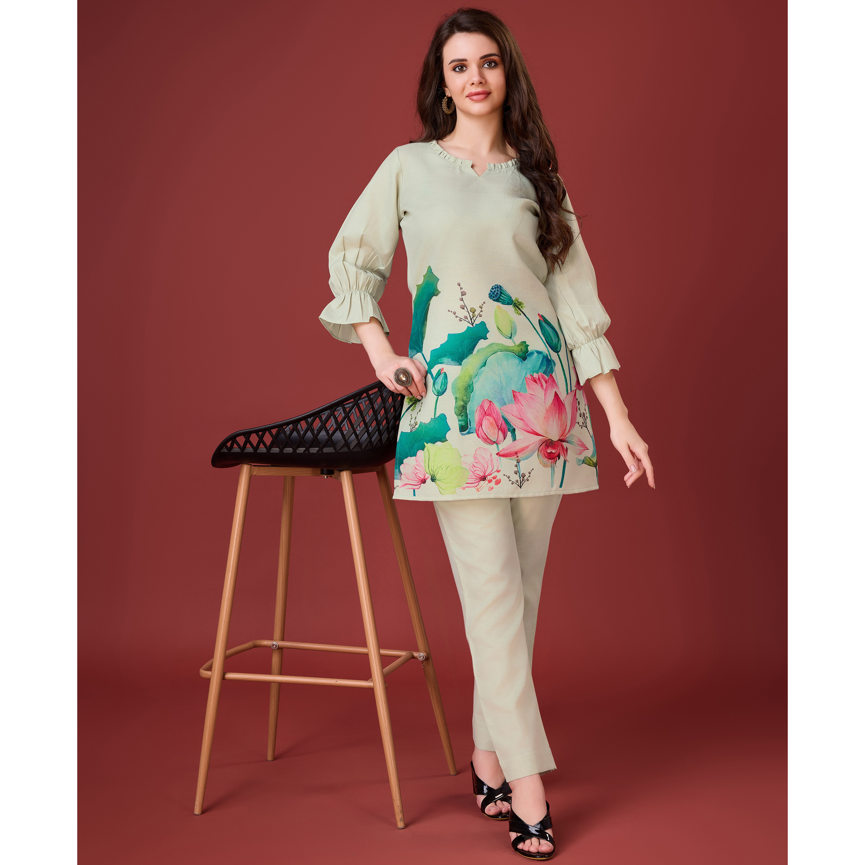 MOJILAA Women's Ivory Linen Floral Print Causal Co-ord Set