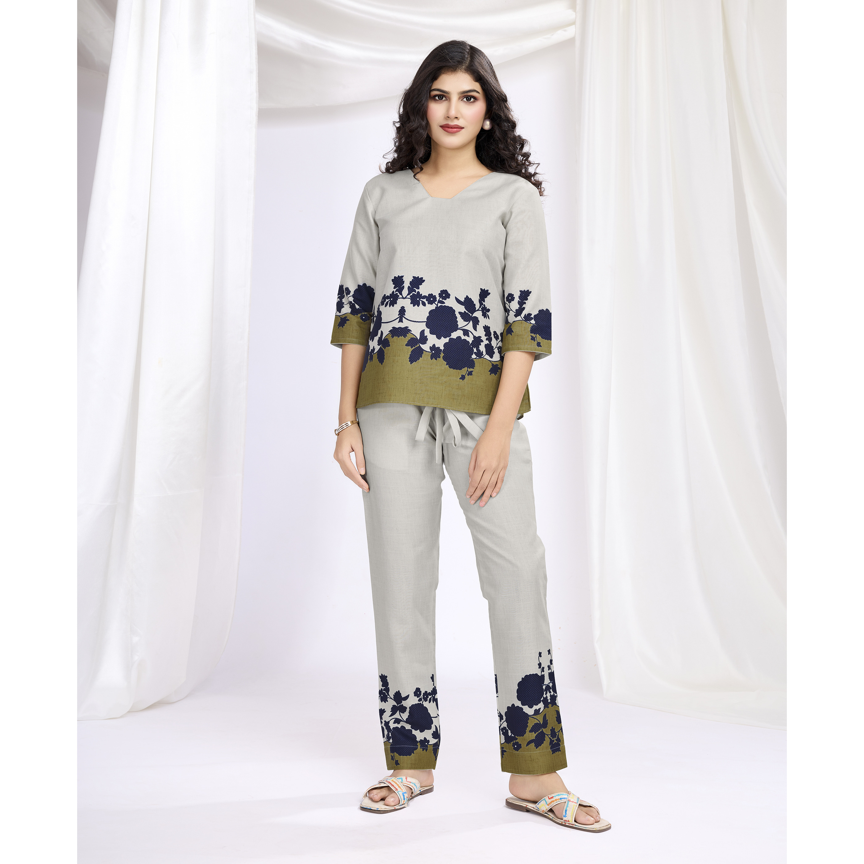 MOJILAA Women's Ivory Linen Silk Floral Printed Causal Co-ord Set