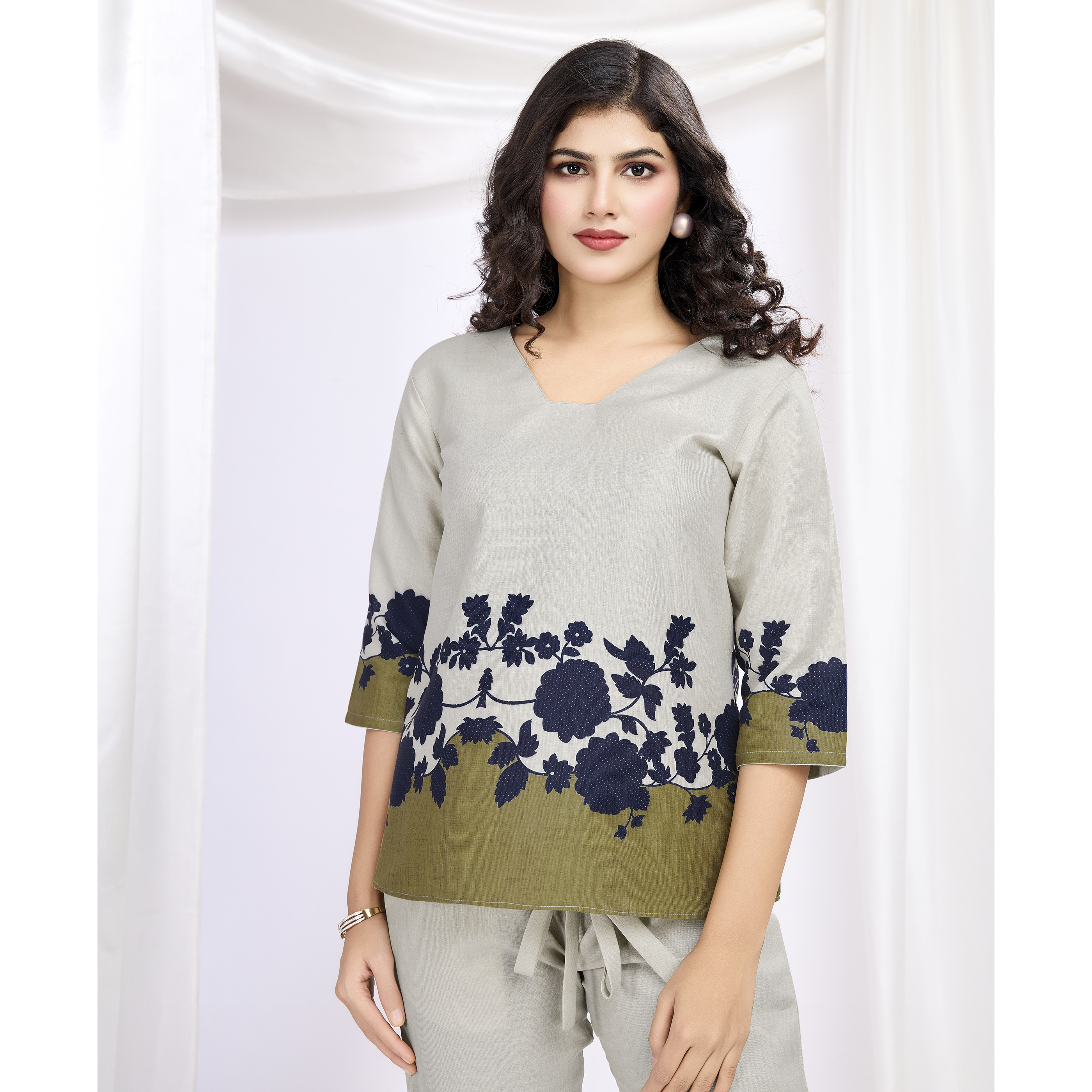 MOJILAA Women's Ivory Linen Silk Floral Printed Causal Co-ord Set