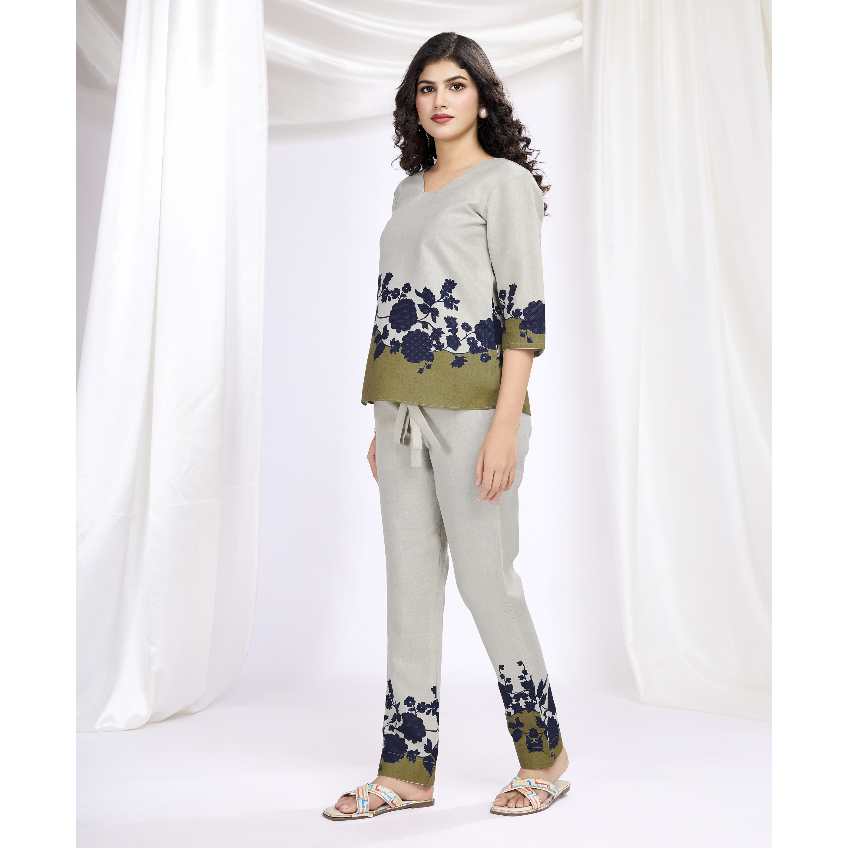 MOJILAA Women's Ivory Linen Silk Floral Printed Causal Co-ord Set