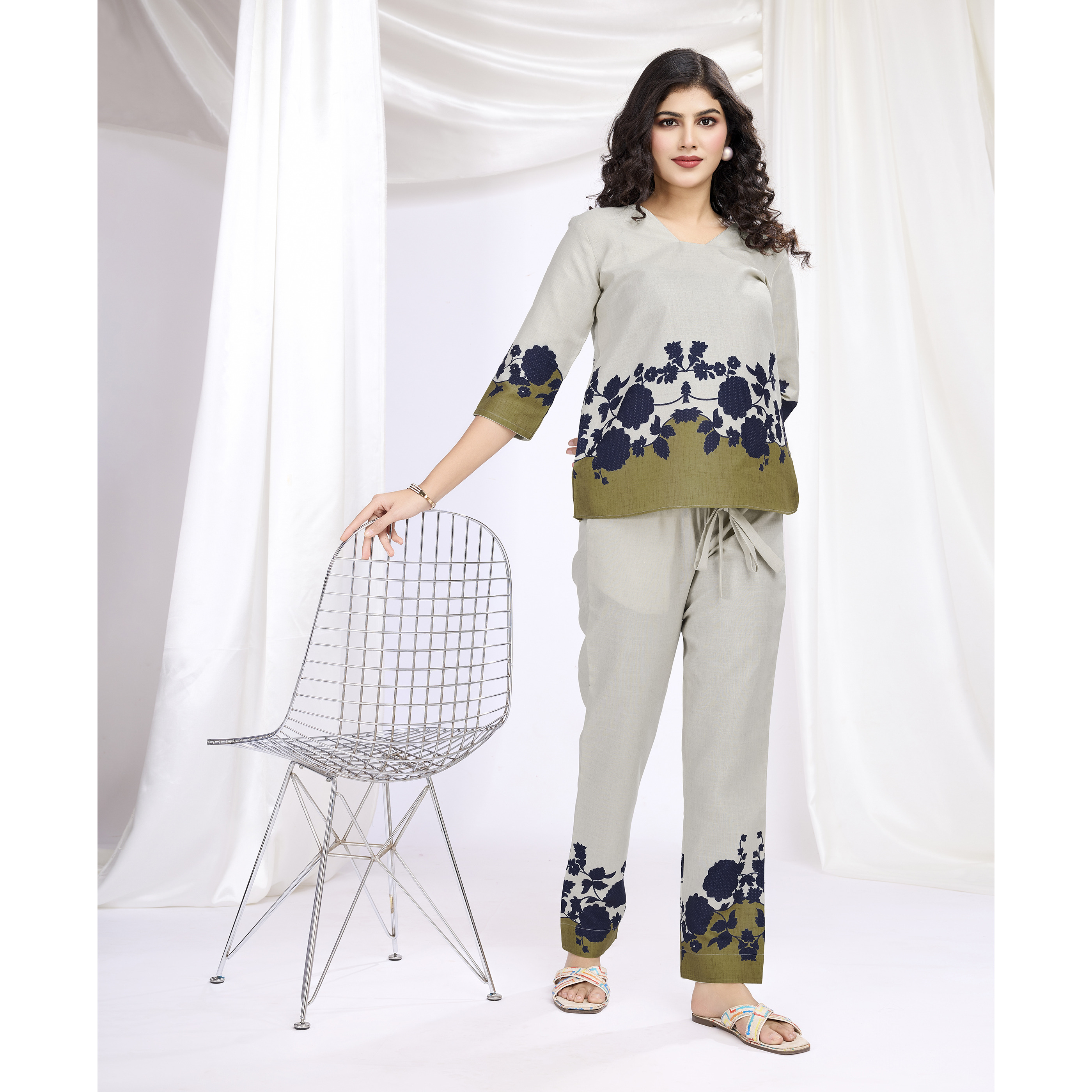 MOJILAA Women's Ivory Linen Silk Floral Printed Causal Co-ord Set