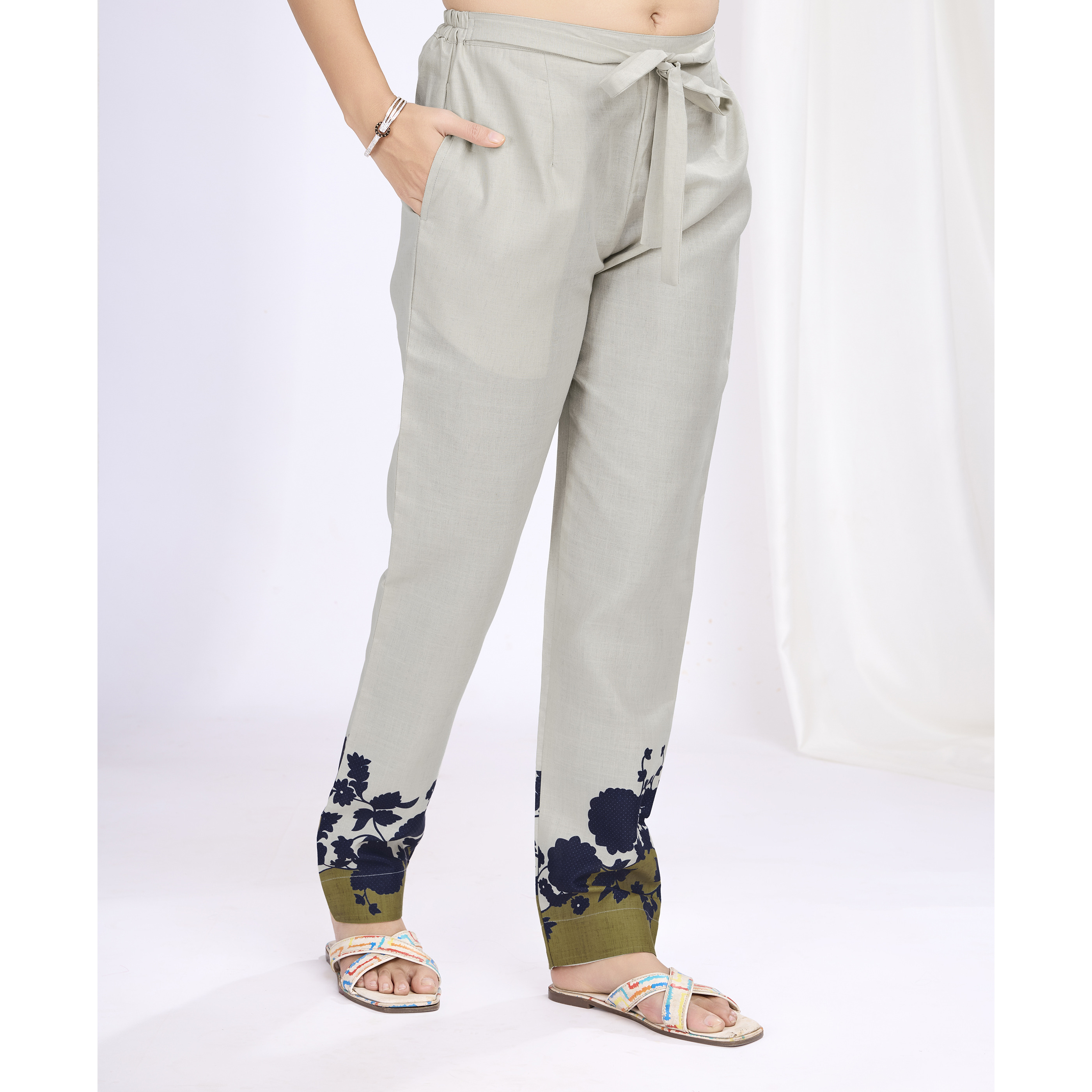 MOJILAA Women's Ivory Linen Silk Floral Printed Causal Co-ord Set