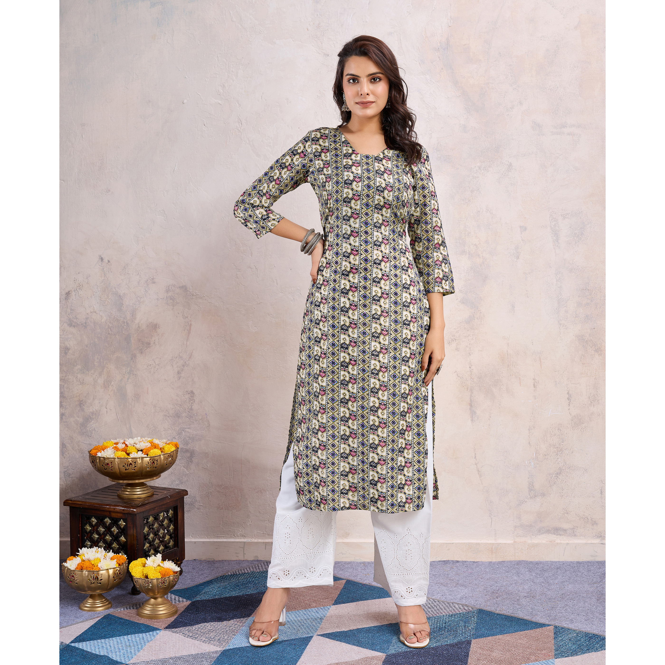MOJILAA Women's Khaki Linen Silk Floral Printed Straight Kurta