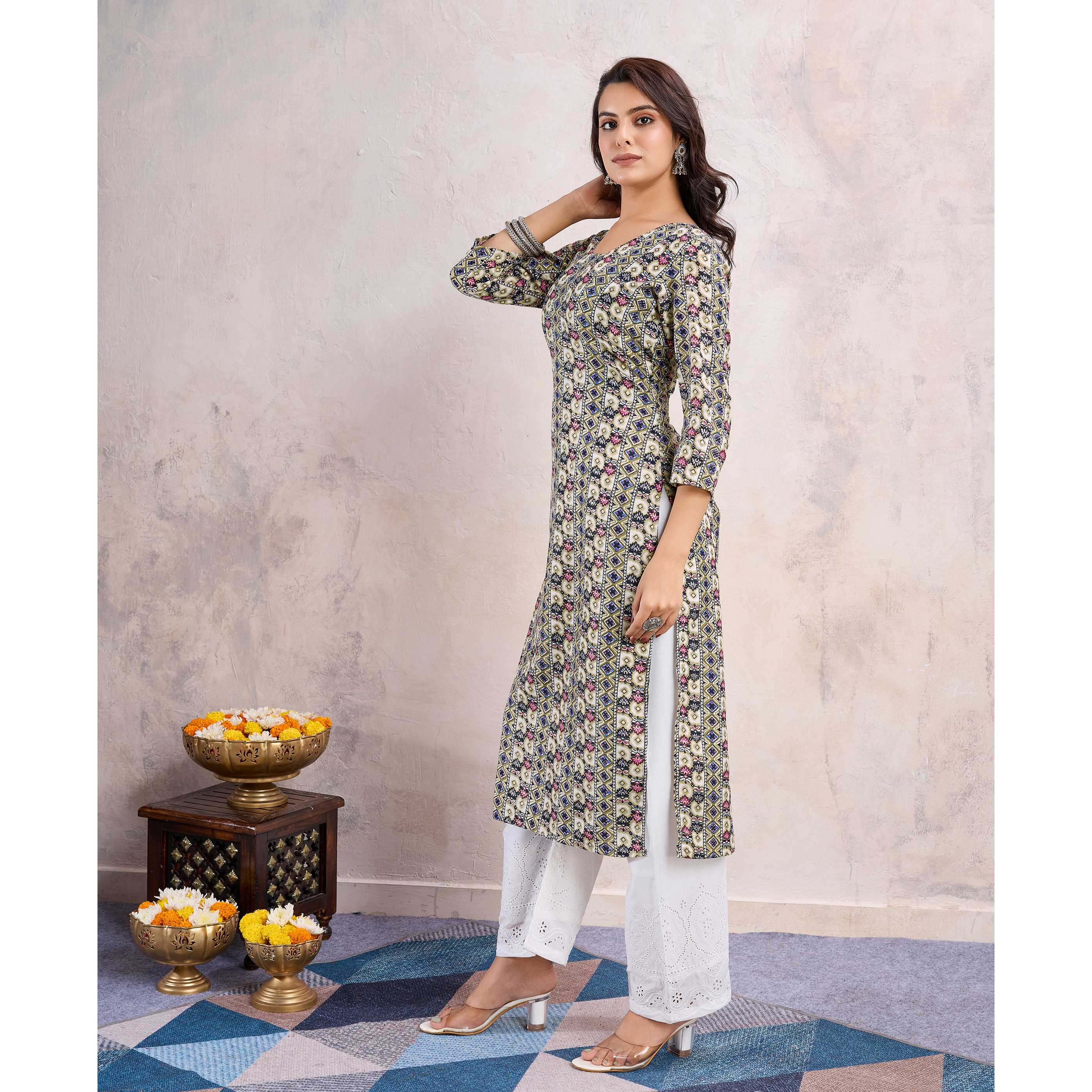 MOJILAA Women's Khaki Linen Silk Floral Printed Straight Kurta