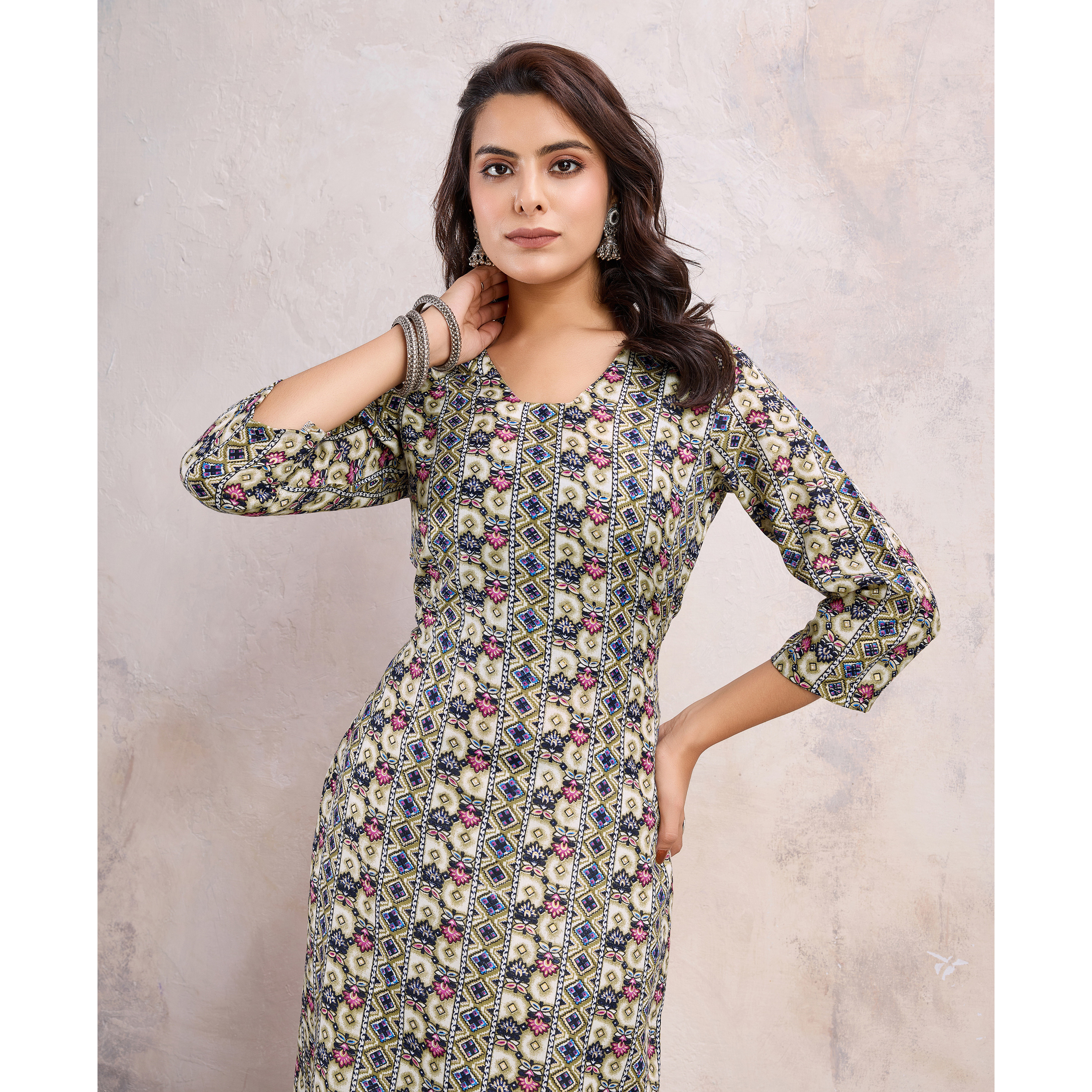MOJILAA Women's Khaki Linen Silk Floral Printed Straight Kurta