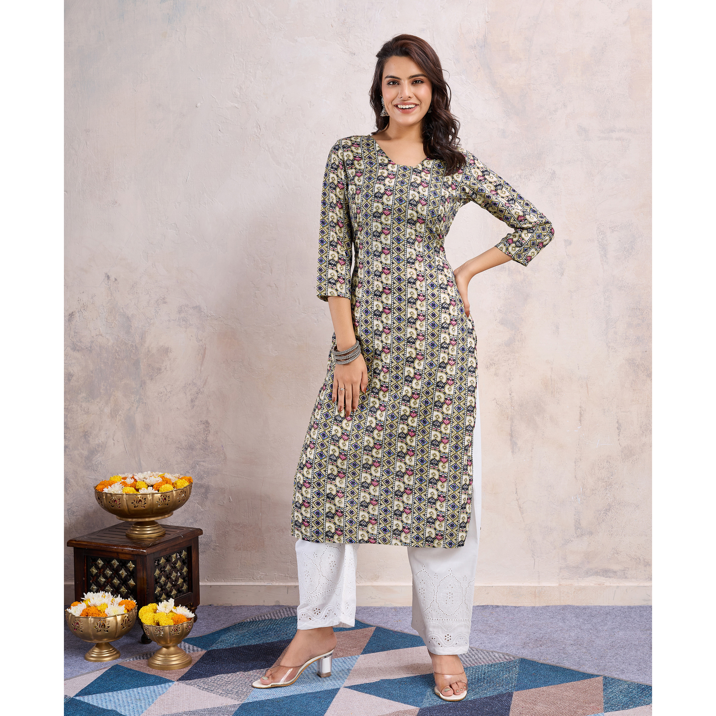 MOJILAA Women's Khaki Linen Silk Floral Printed Straight Kurta