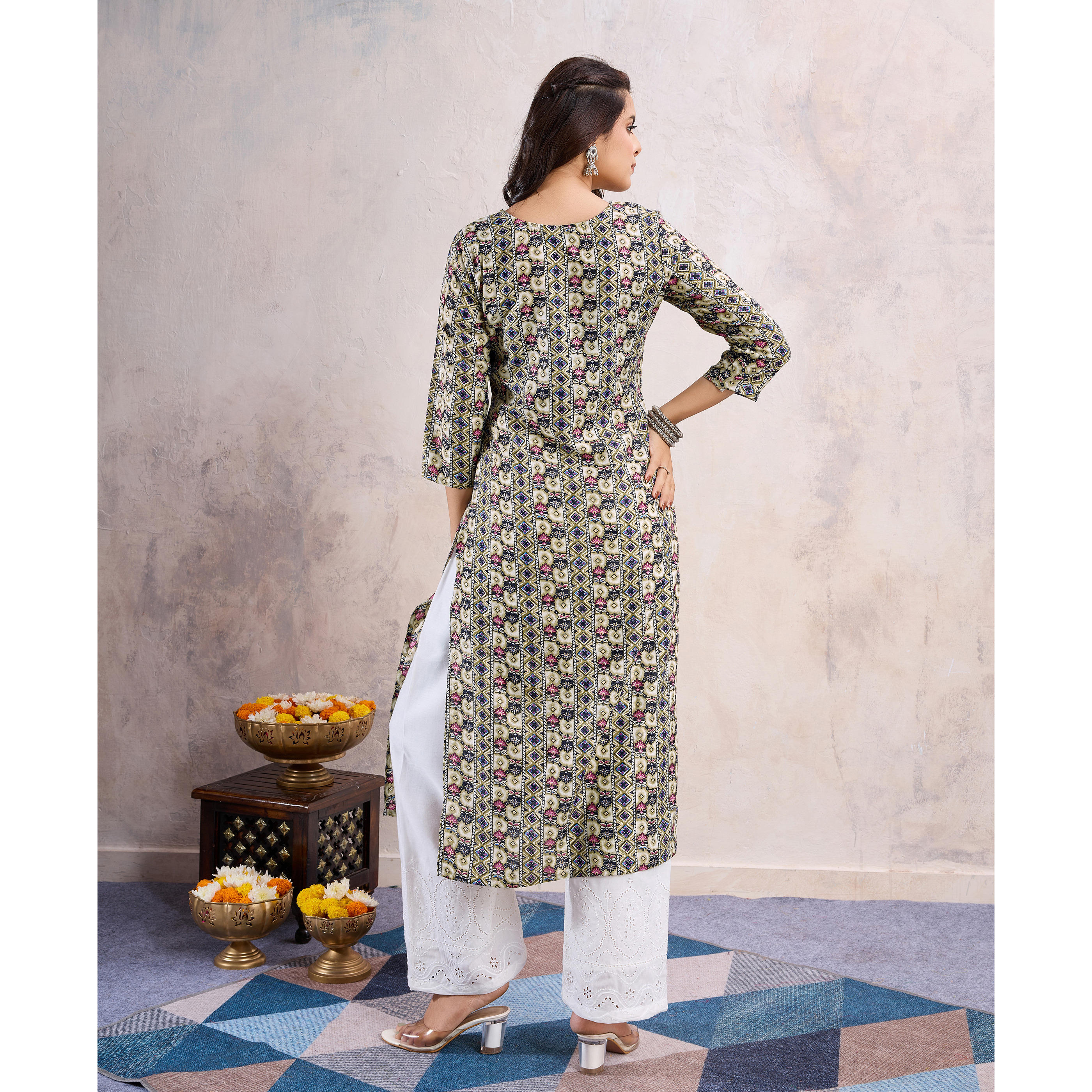 MOJILAA Women's Khaki Linen Silk Floral Printed Straight Kurta
