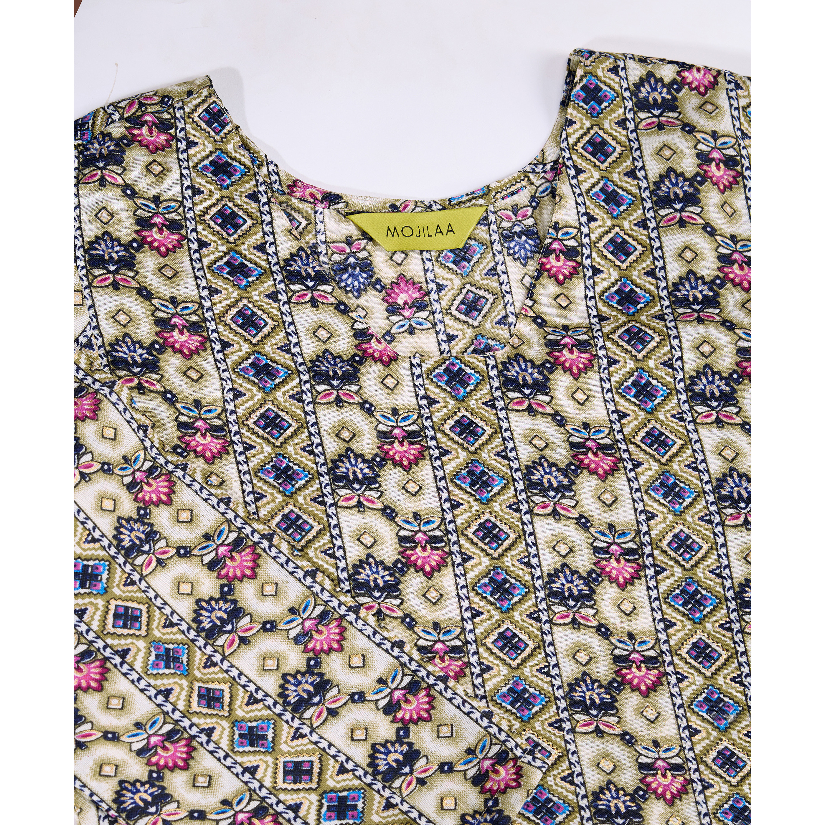 MOJILAA Women's Khaki Linen Silk Floral Printed Straight Kurta