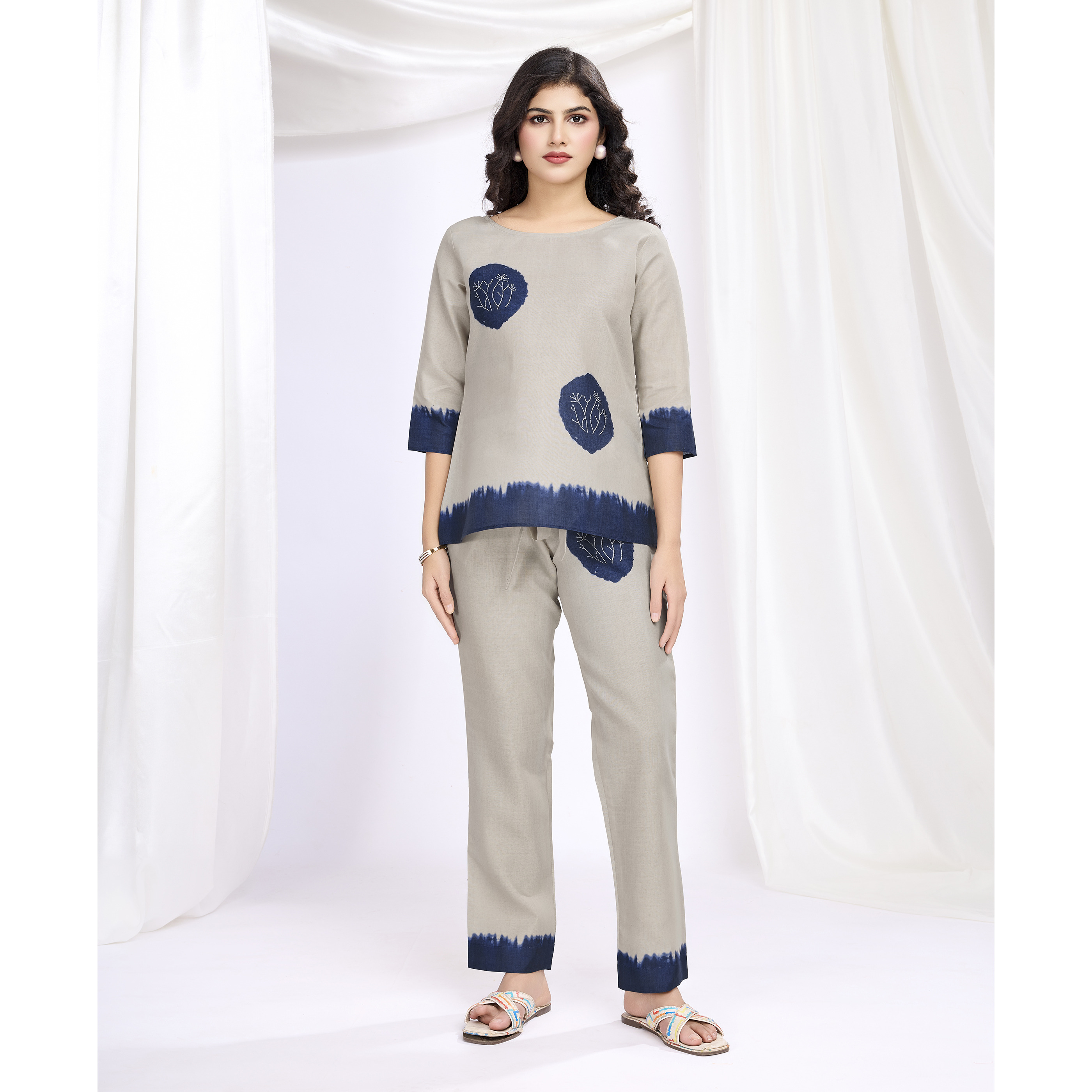 MOJILAA Women's Khaki Linen Silk Shibori Printed Causal Co-ord Set