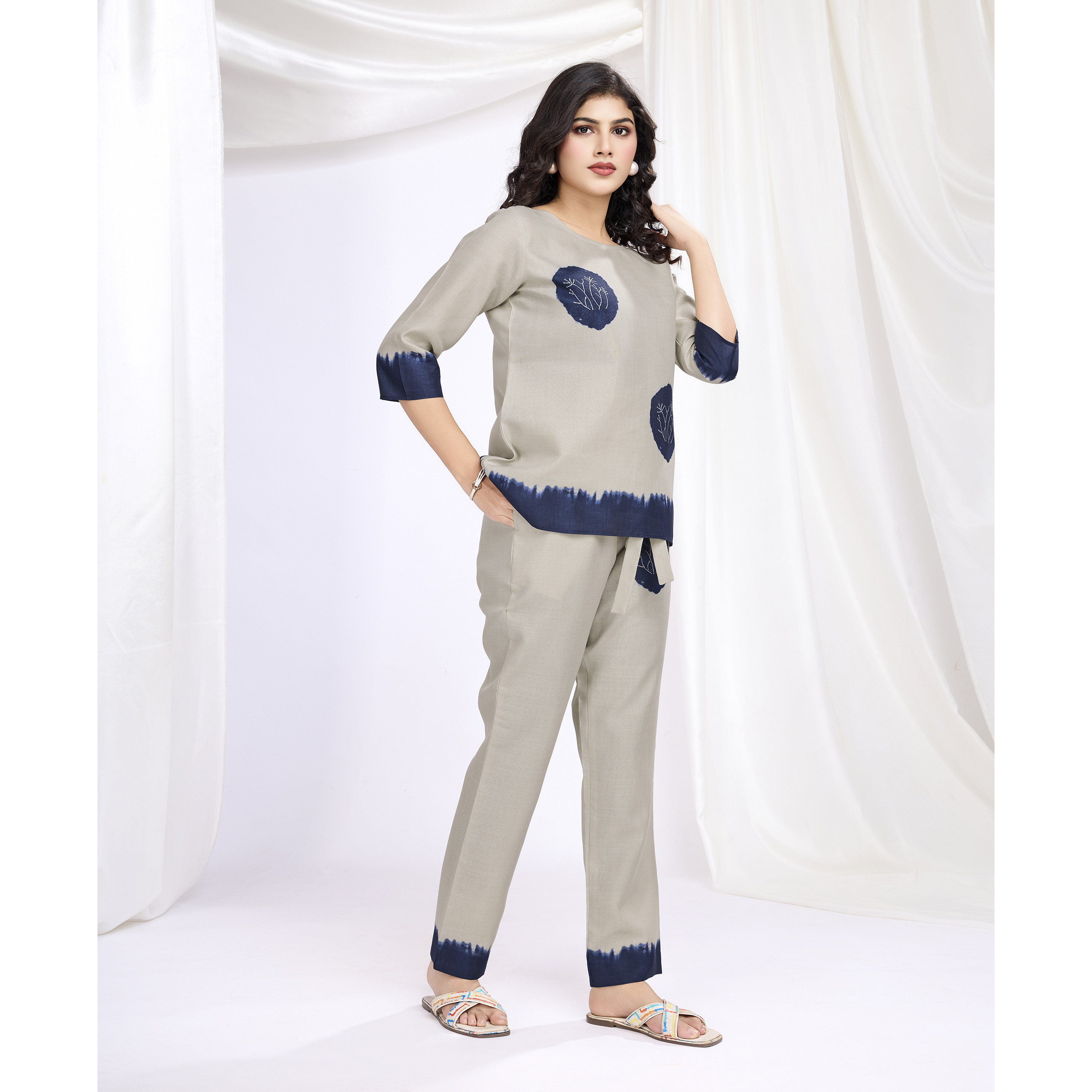 MOJILAA Women's Khaki Linen Silk Shibori Printed Causal Co-ord Set