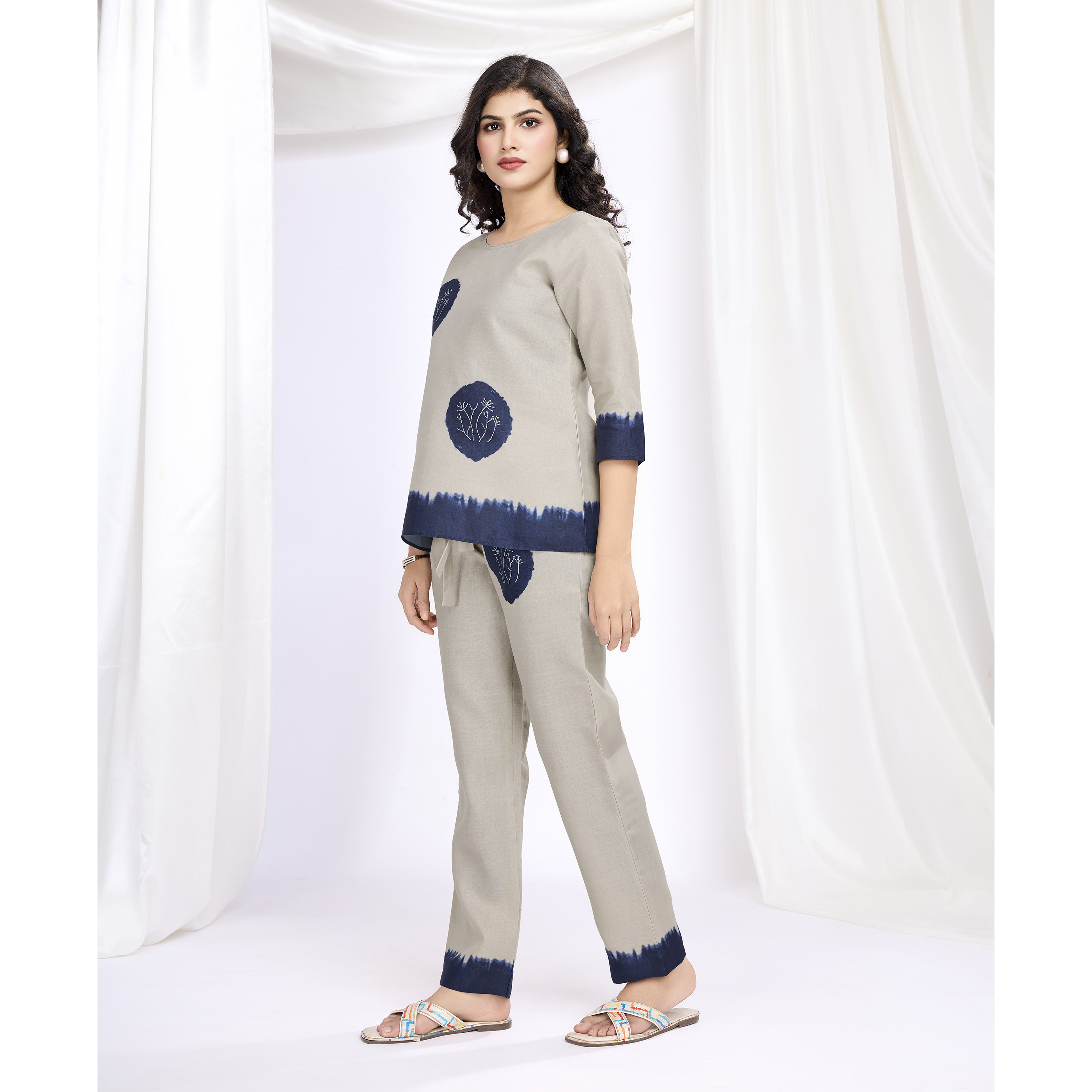 MOJILAA Women's Khaki Linen Silk Shibori Printed Causal Co-ord Set