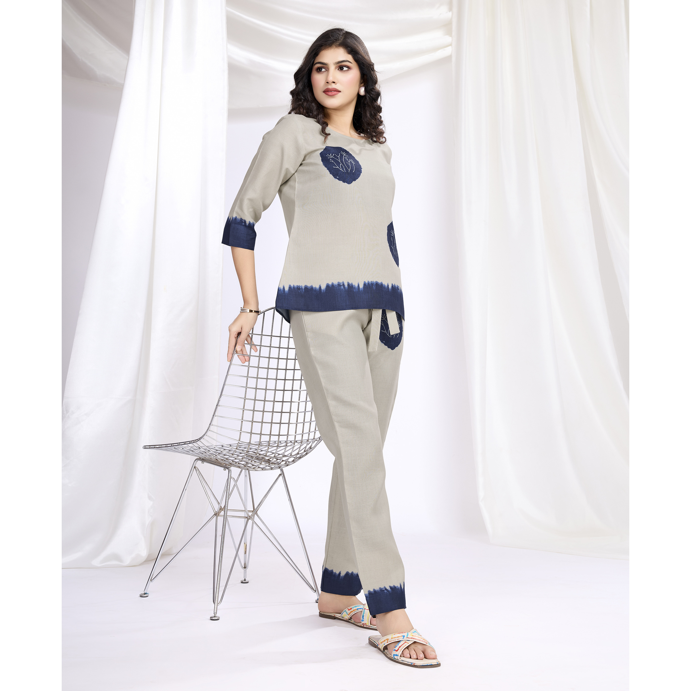 MOJILAA Women's Khaki Linen Silk Shibori Printed Causal Co-ord Set