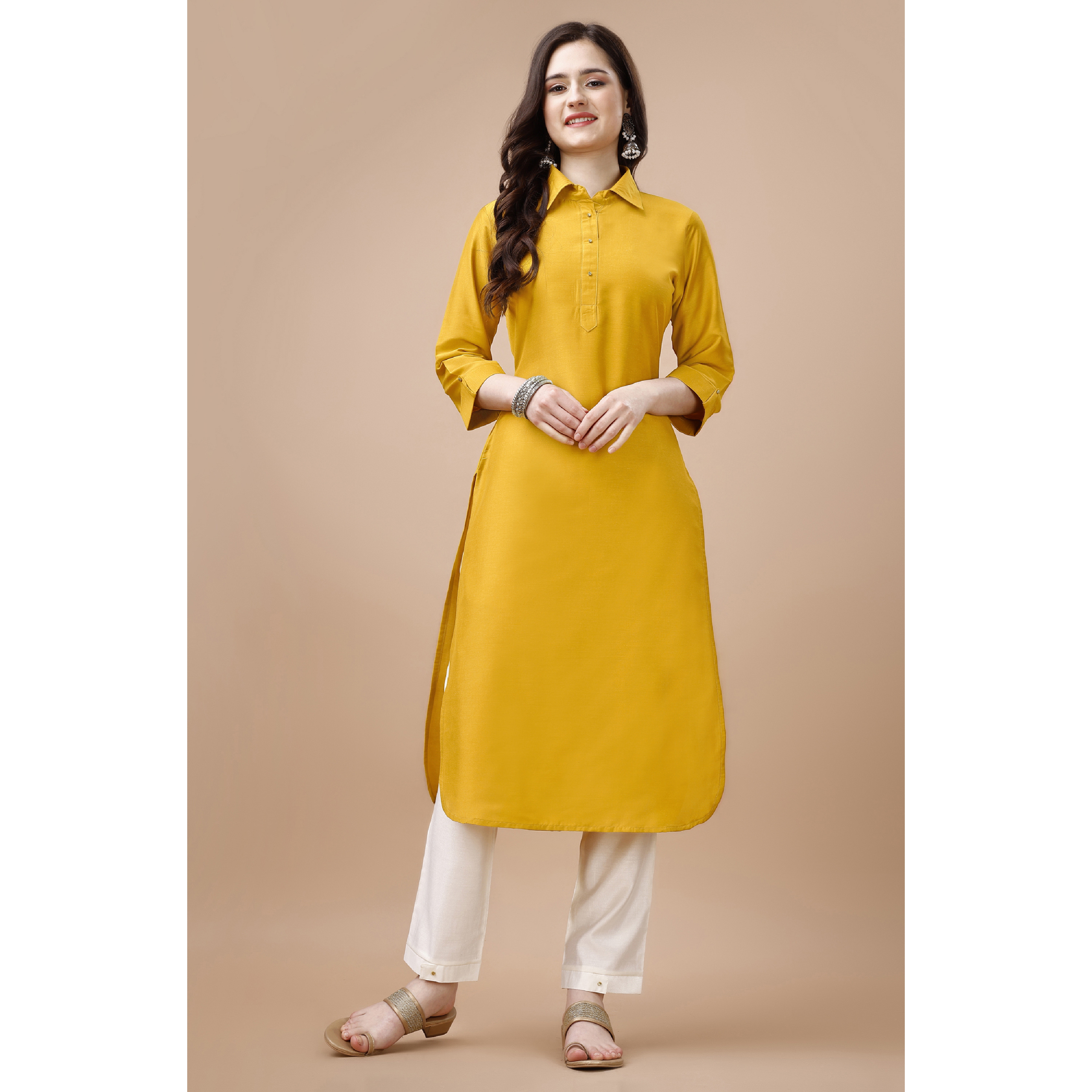 MOJILAA Women's Mustard Chinon Silk Solid Calf Length Straight Pathani Kurta