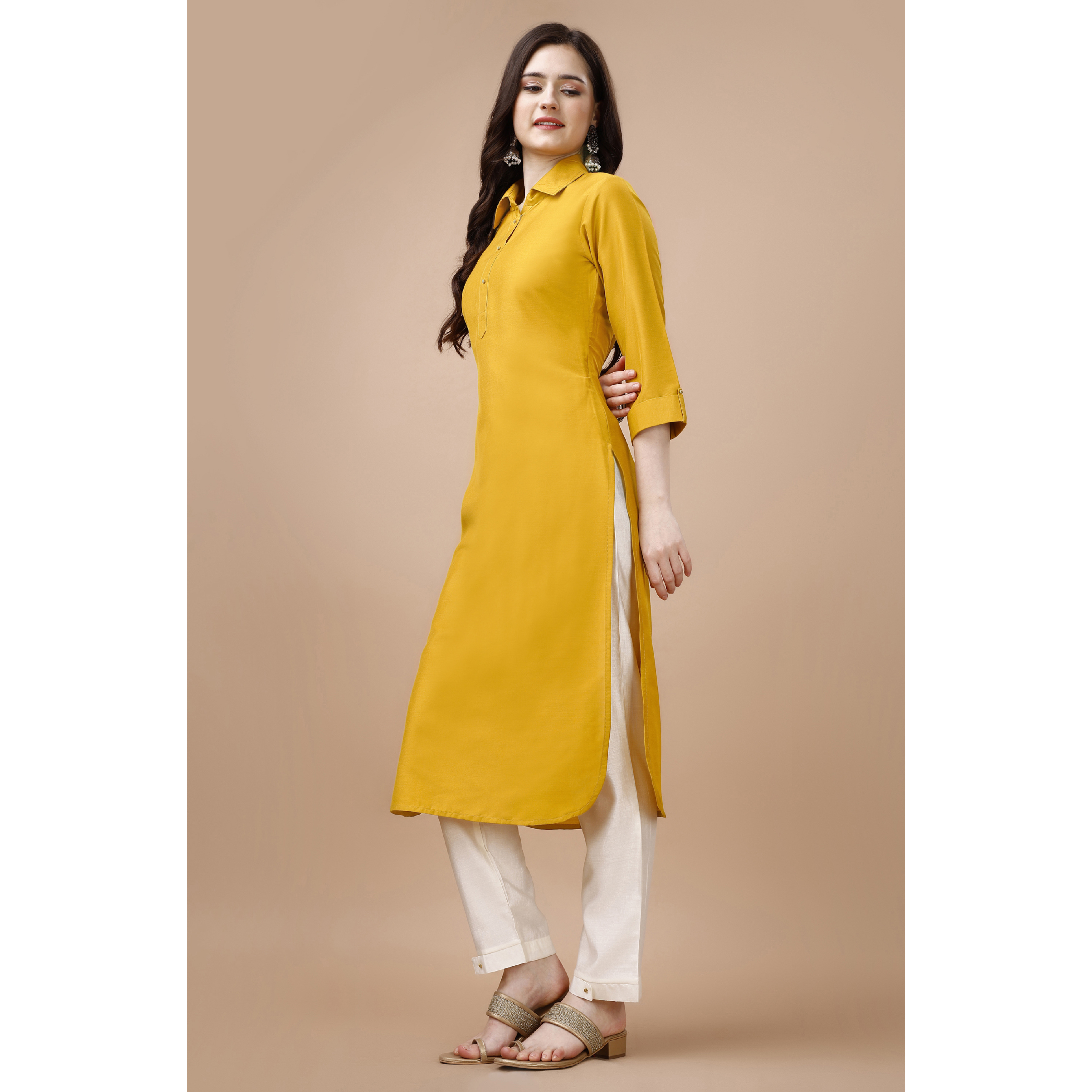 MOJILAA Women's Mustard Chinon Silk Solid Calf Length Straight Pathani Kurta