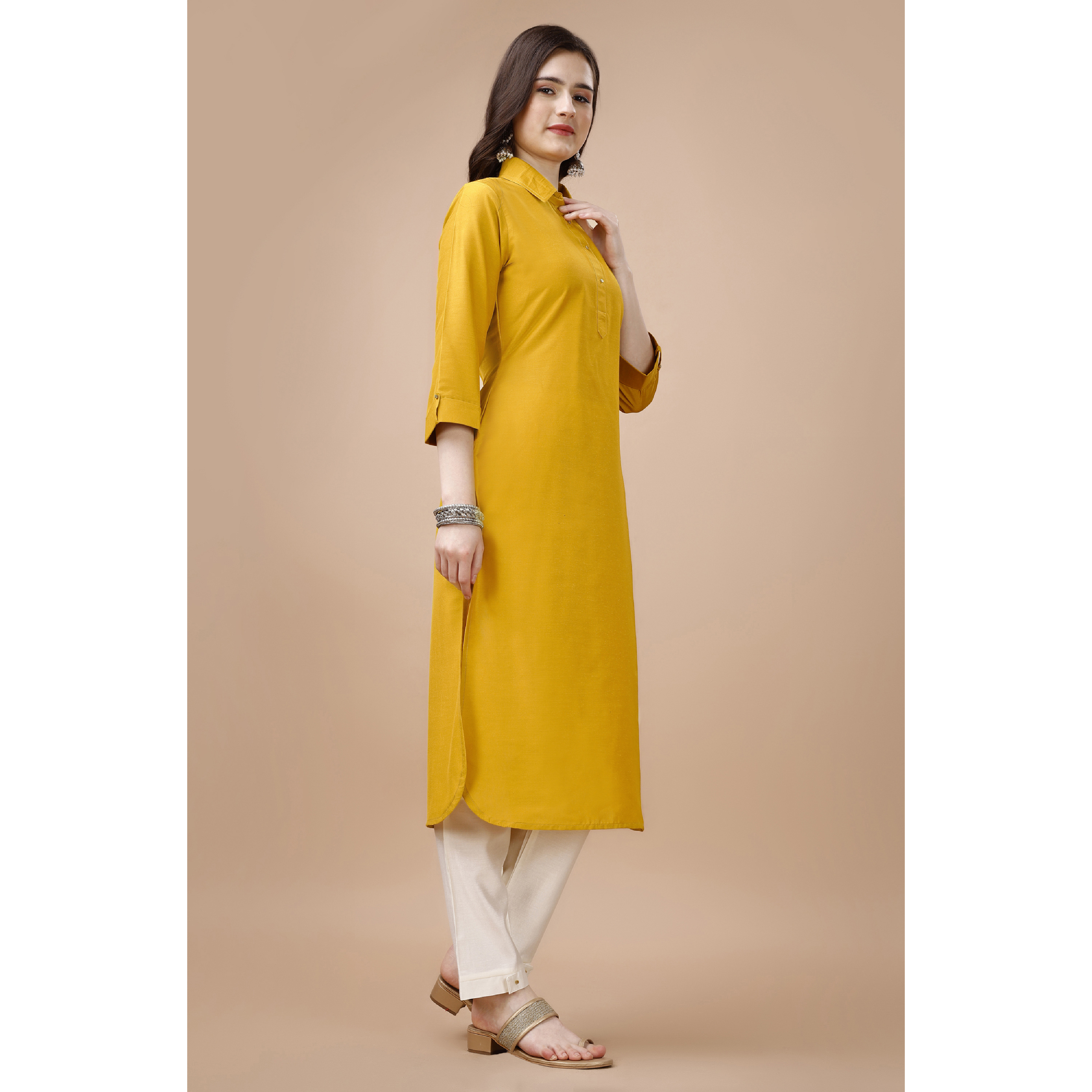 MOJILAA Women's Mustard Chinon Silk Solid Calf Length Straight Pathani Kurta