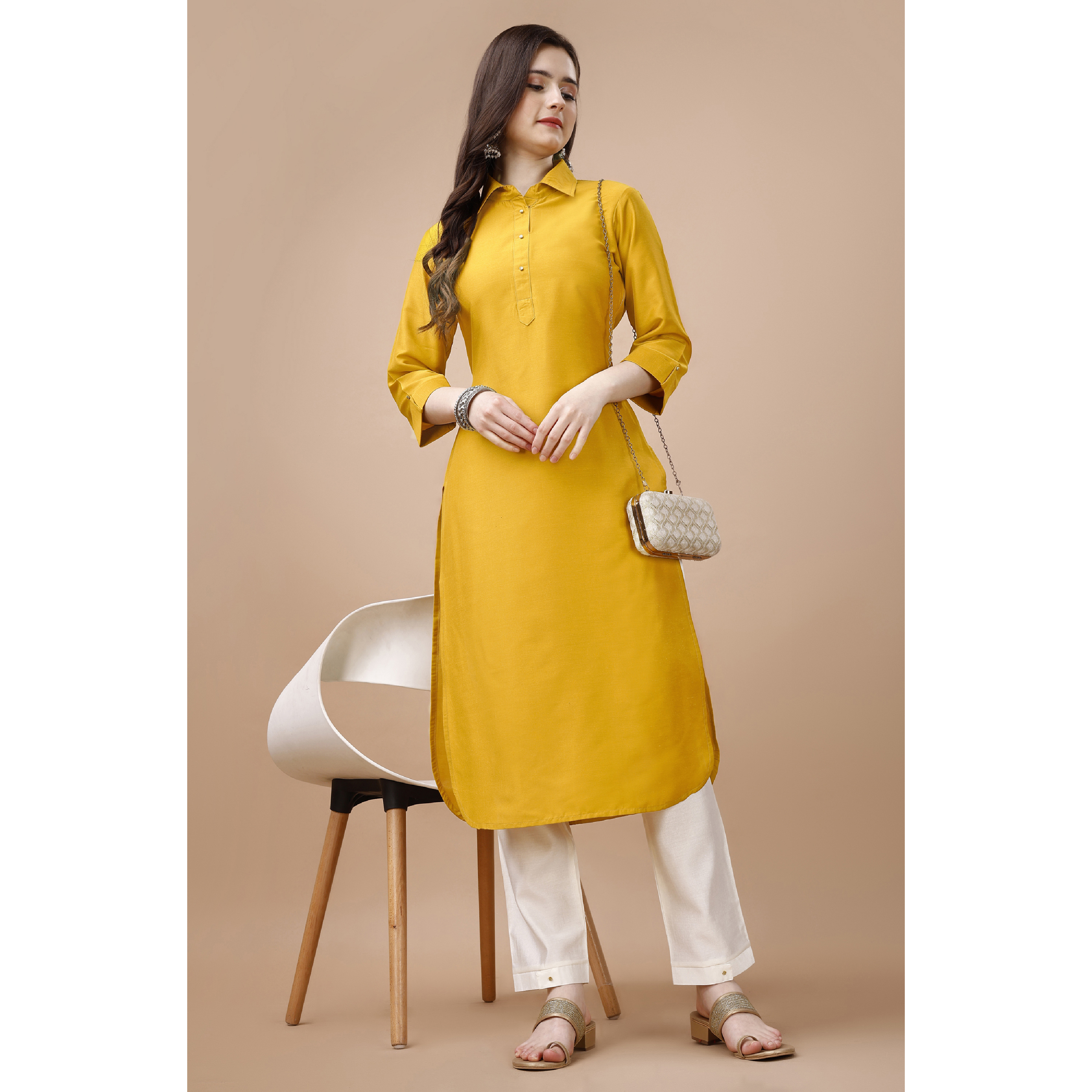 MOJILAA Women's Mustard Chinon Silk Solid Calf Length Straight Pathani Kurta