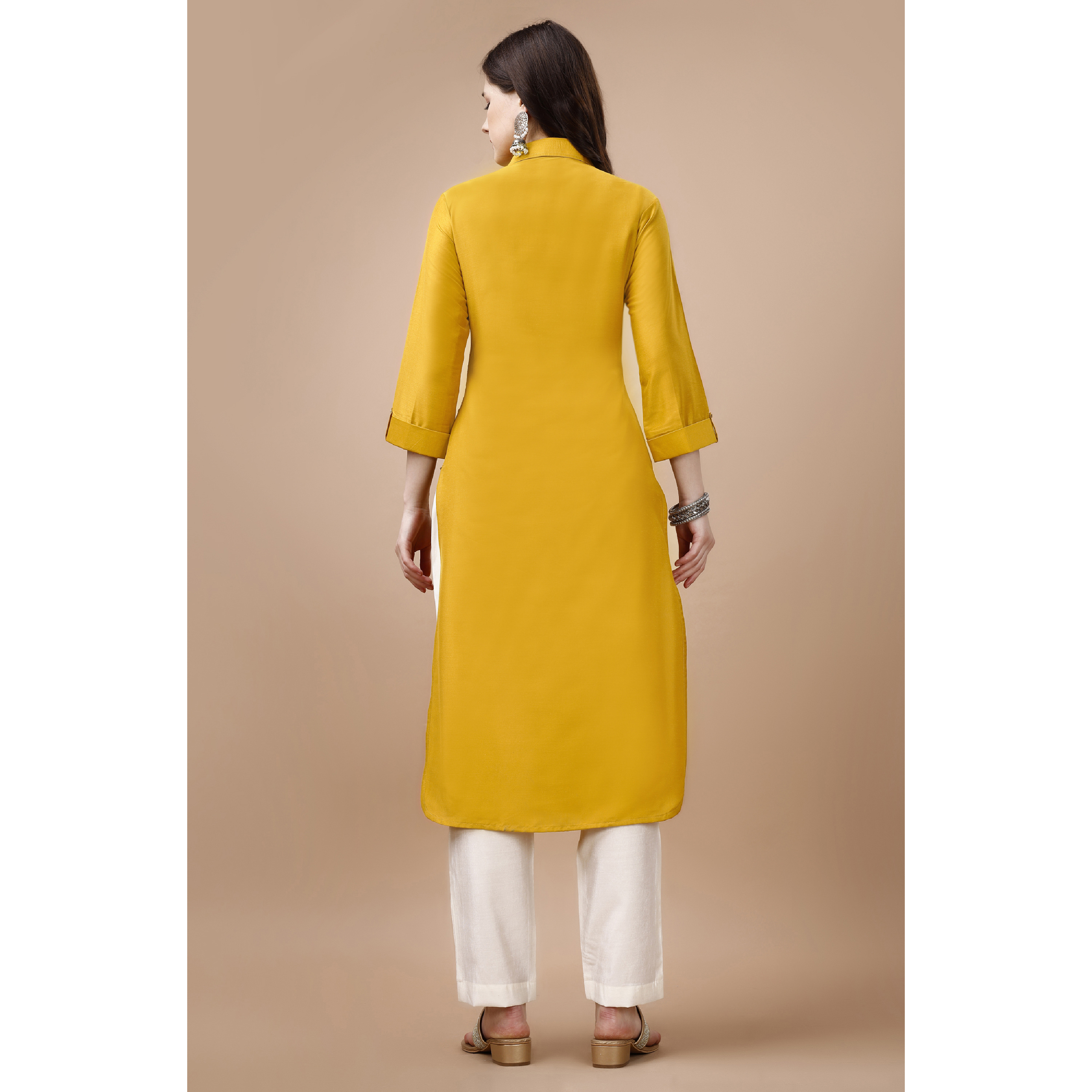 MOJILAA Women's Mustard Chinon Silk Solid Calf Length Straight Pathani Kurta