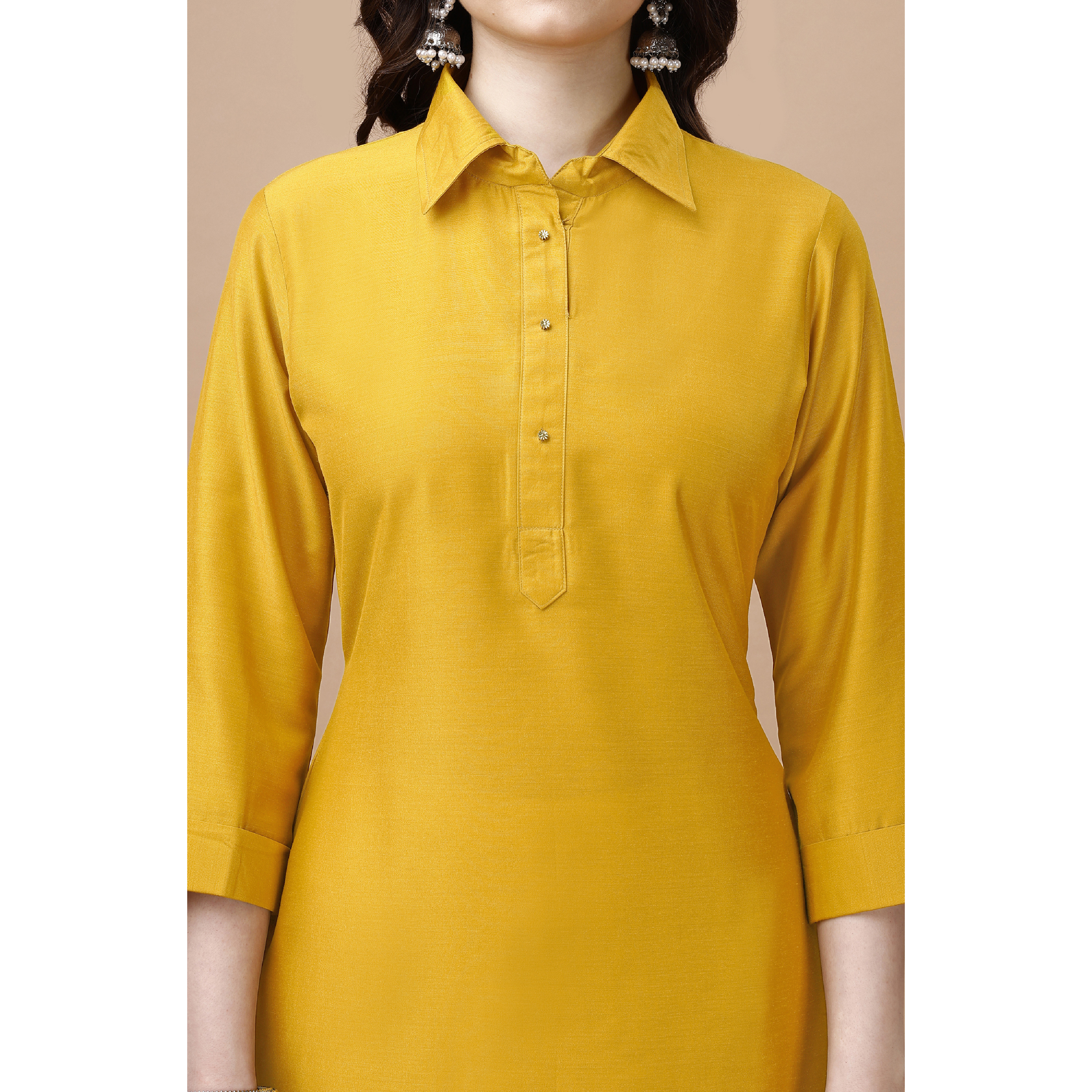 MOJILAA Women's Mustard Chinon Silk Solid Calf Length Straight Pathani Kurta