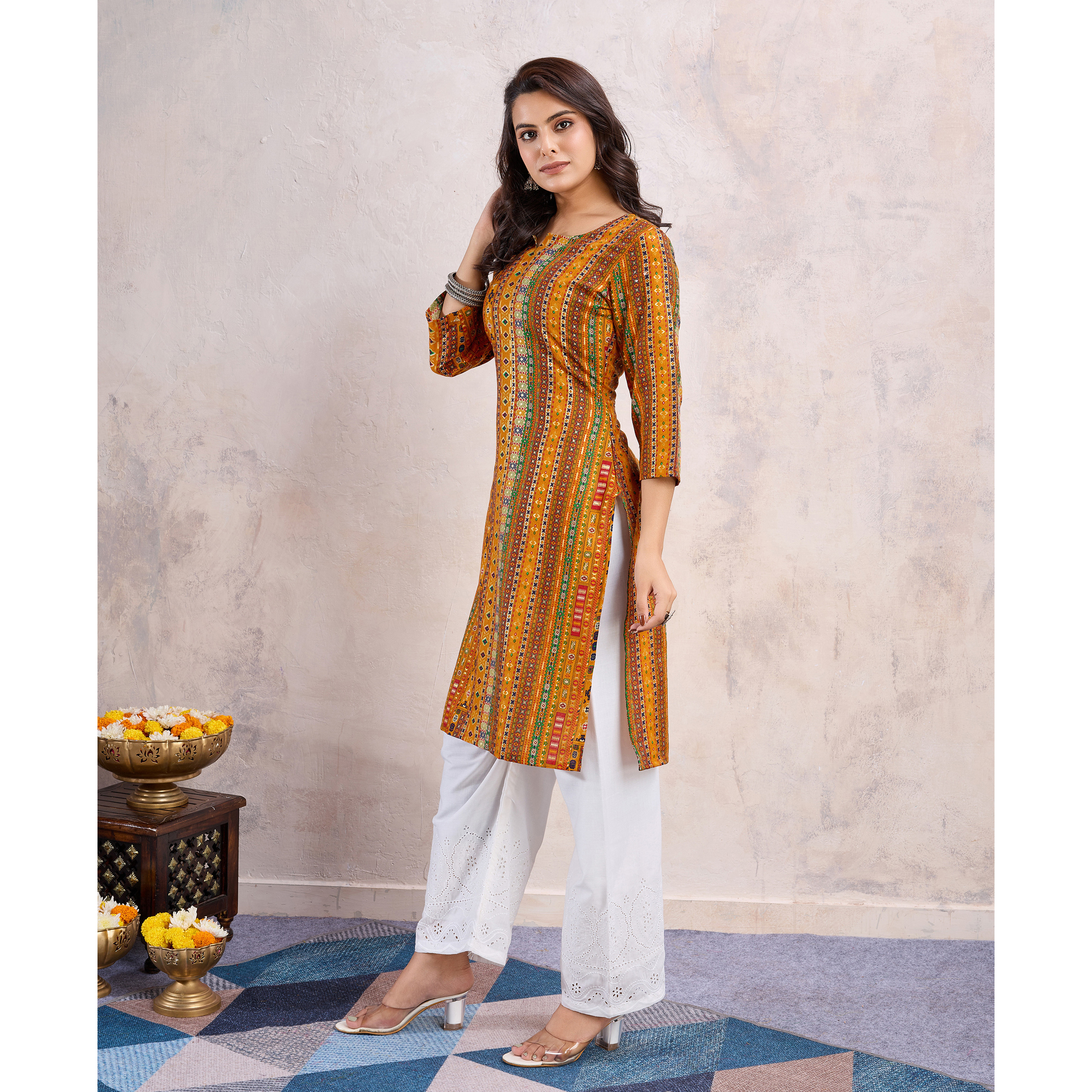 MOJILAA Women's Mustard Linen Silk Floral Printed Straight Kurta