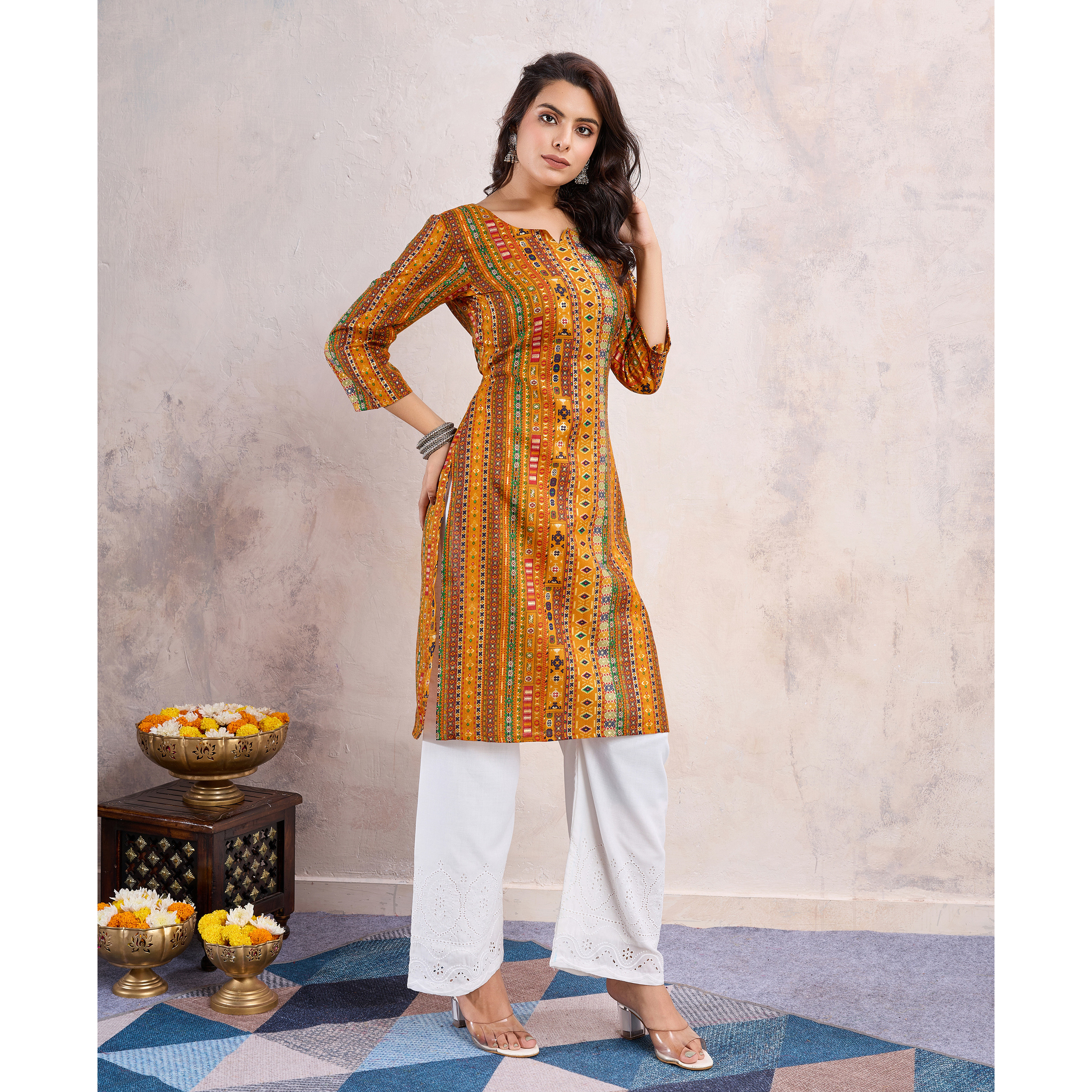 MOJILAA Women's Mustard Linen Silk Floral Printed Straight Kurta