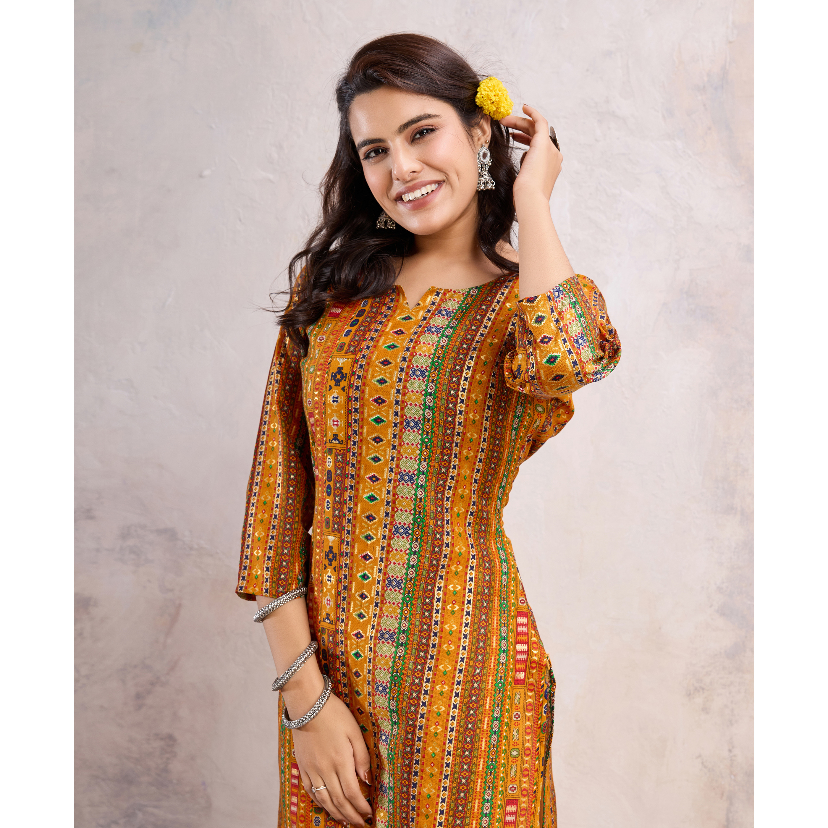 MOJILAA Women's Mustard Linen Silk Floral Printed Straight Kurta