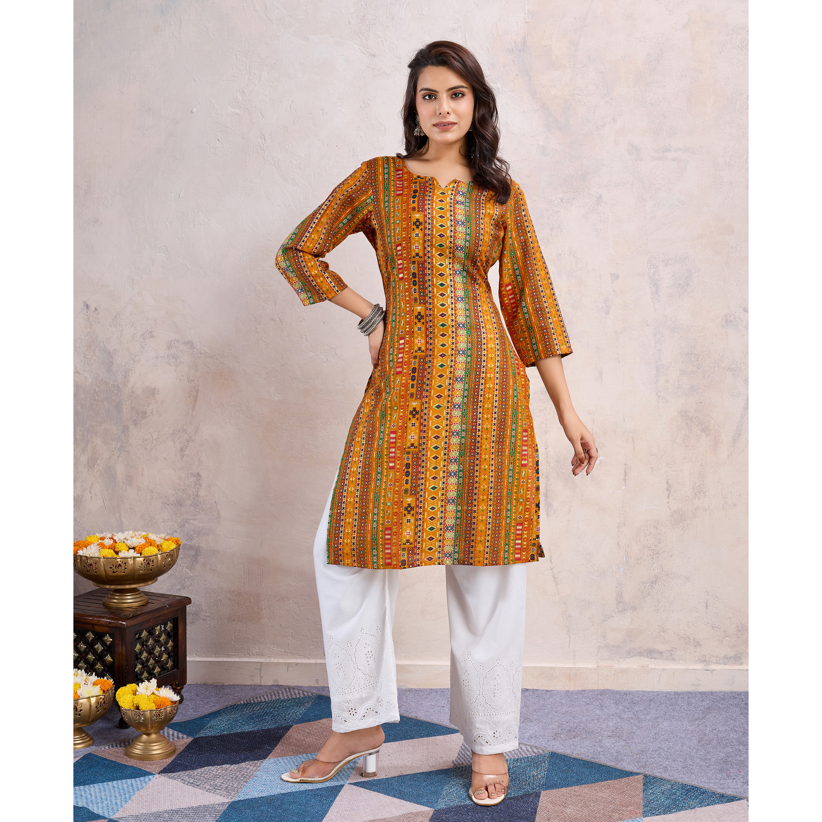 MOJILAA Women's Mustard Linen Silk Floral Printed Straight Kurta