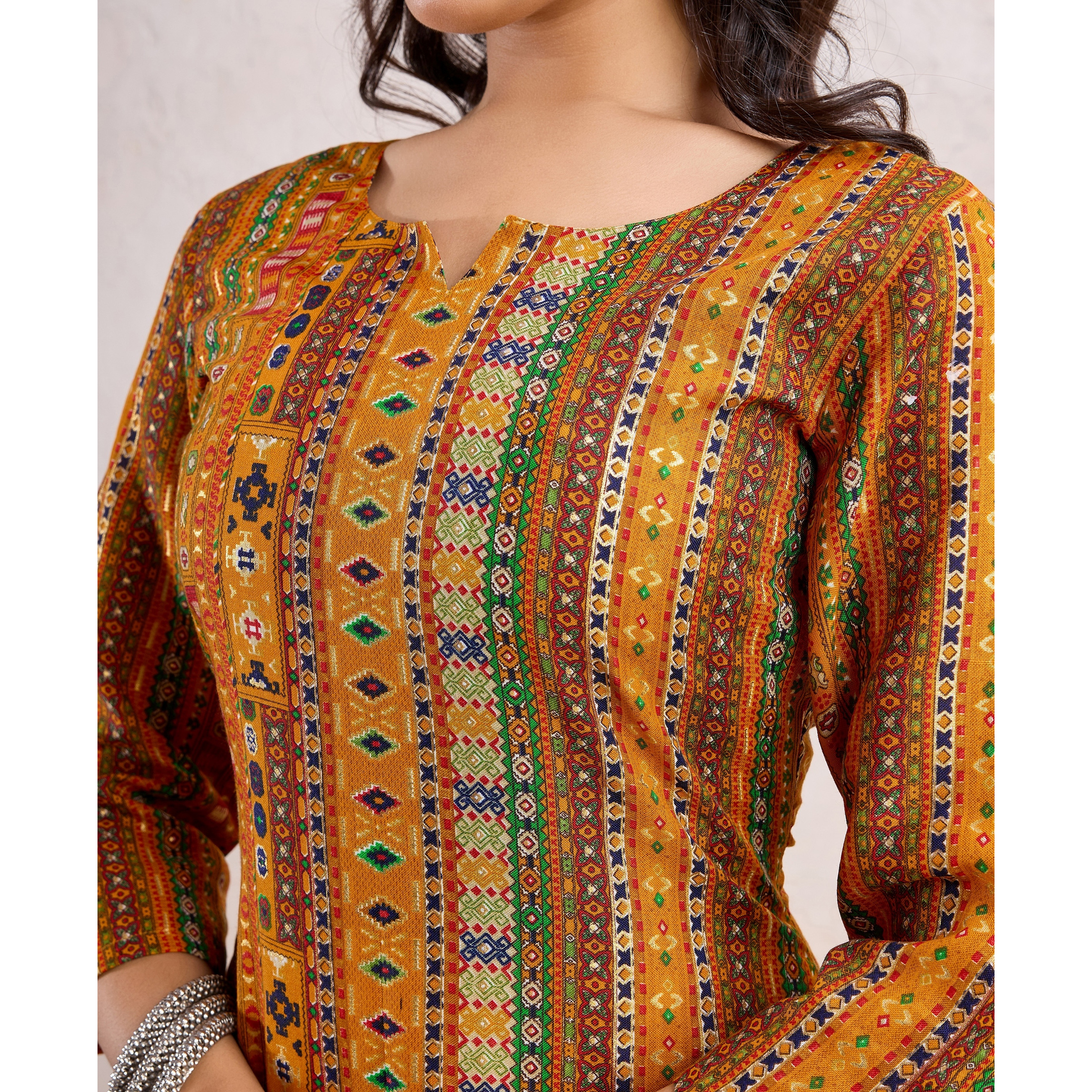 MOJILAA Women's Mustard Linen Silk Floral Printed Straight Kurta