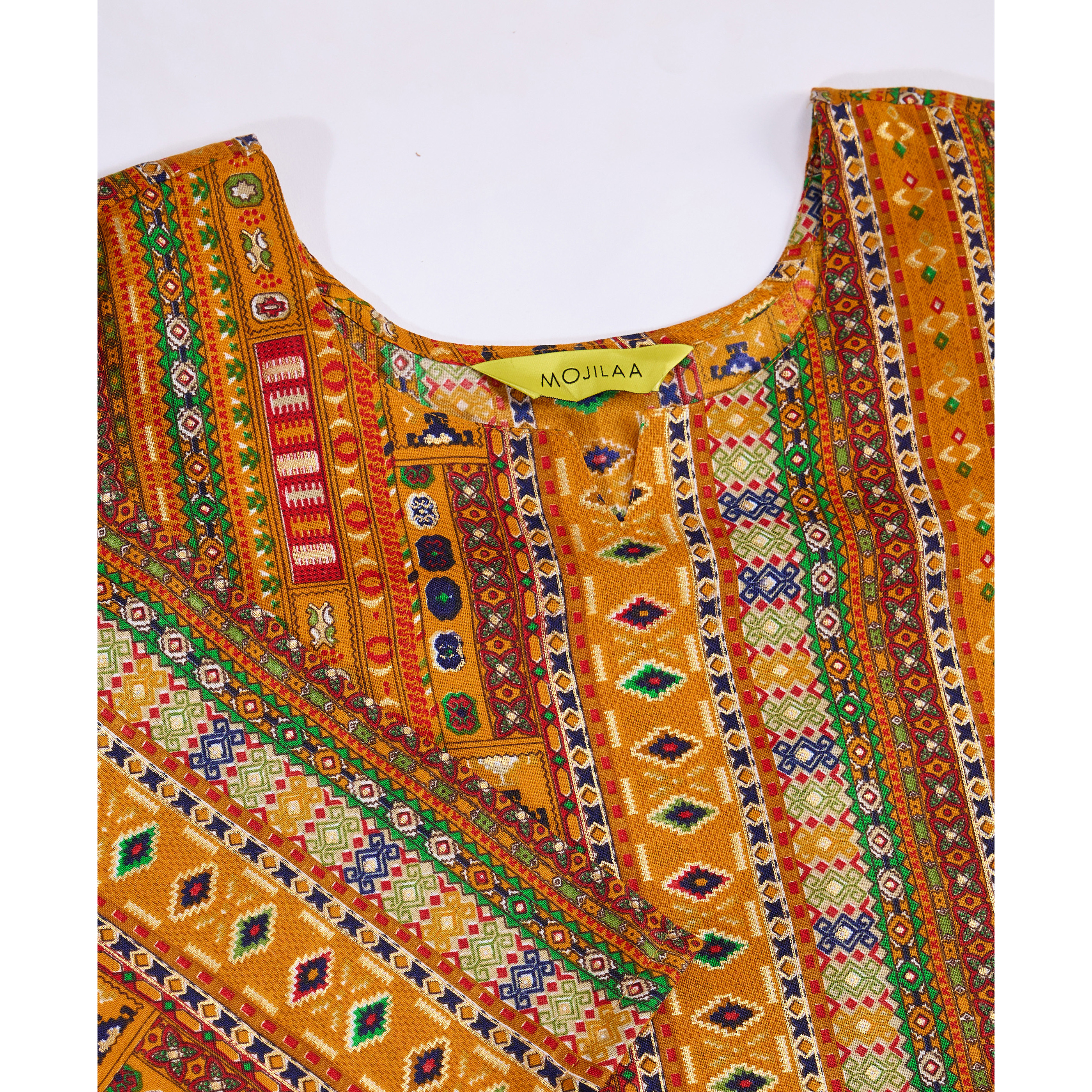 MOJILAA Women's Mustard Linen Silk Floral Printed Straight Kurta