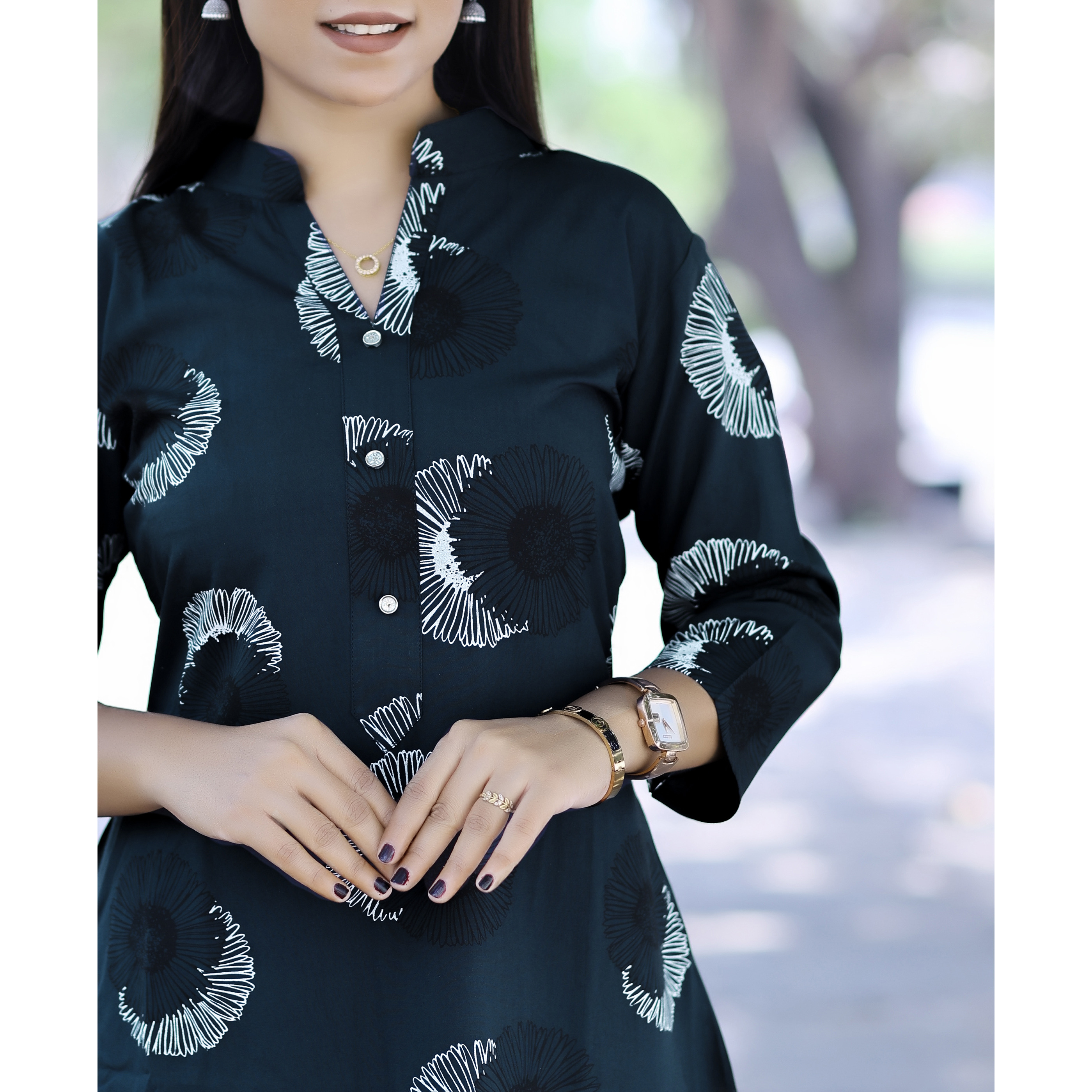 MOJILAA Women's Navy Blue Rayon Viscose 21 KG Floral & Leaf Printed Causal Co-ord Set